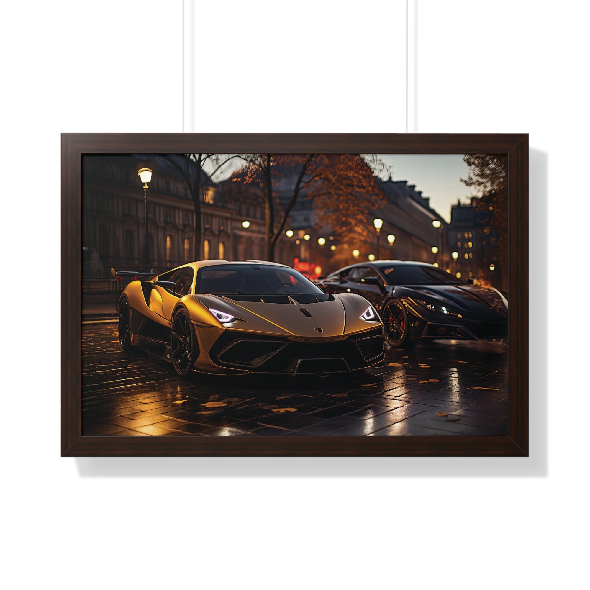 Modified Lamborghini Gold Print - A wet City Street at Night with illuminated Street Lamps