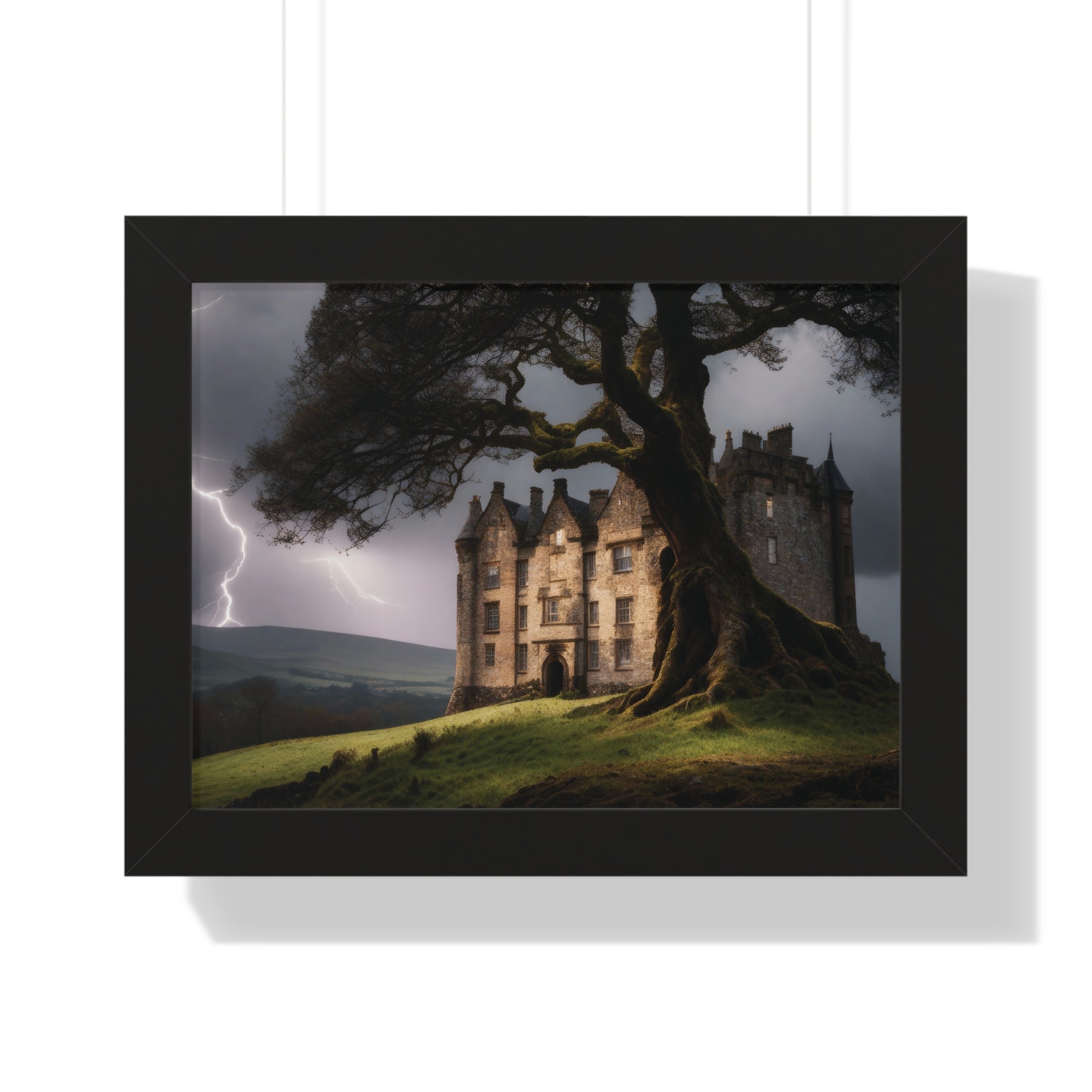 Haunted Scottish Castle Wall Art – Lightning Storm & Ancient Tree Landscape Print