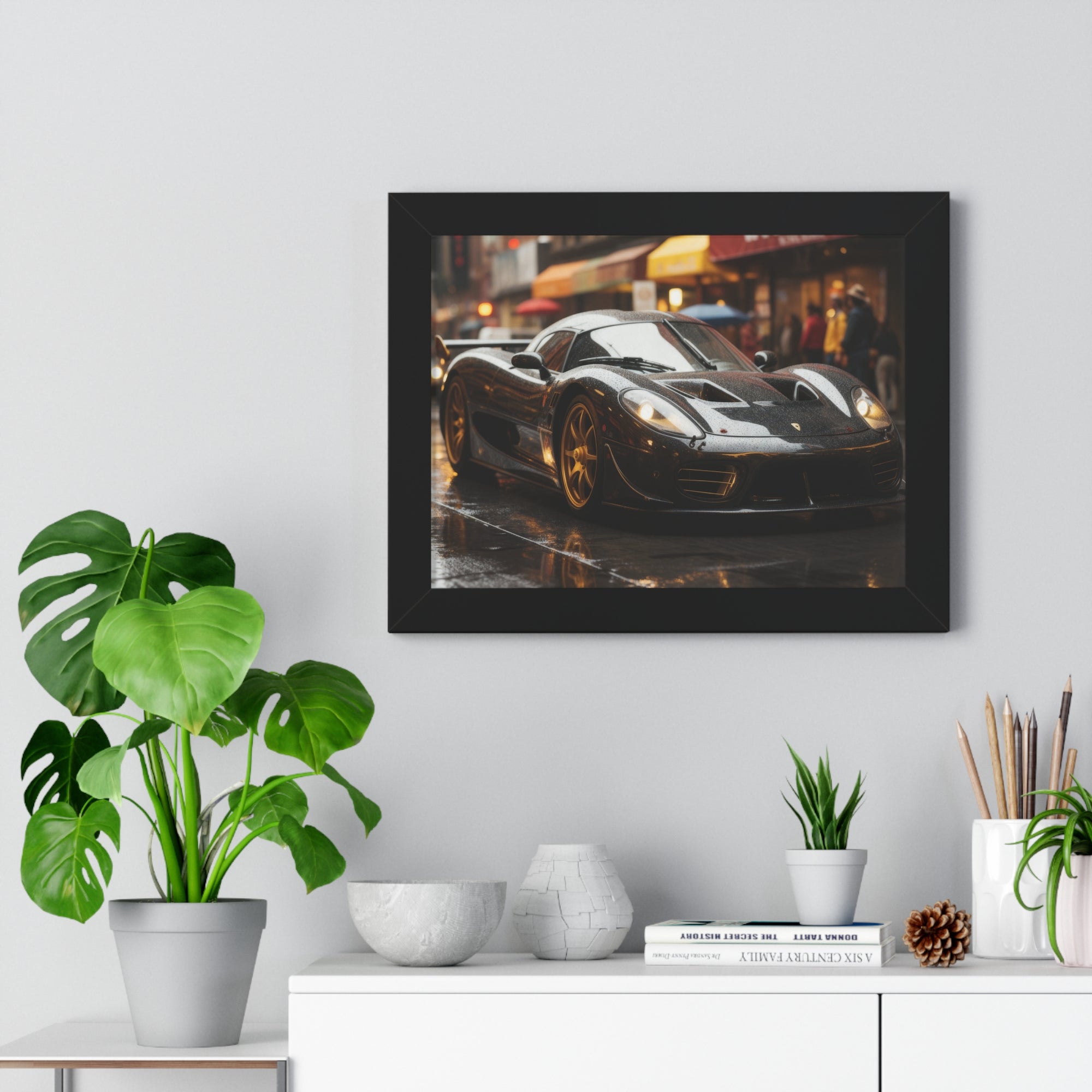 Exotic Black Ferrari F50 Framed Horizontal Poster – Supercar Wall Art for Car Enthusiasts