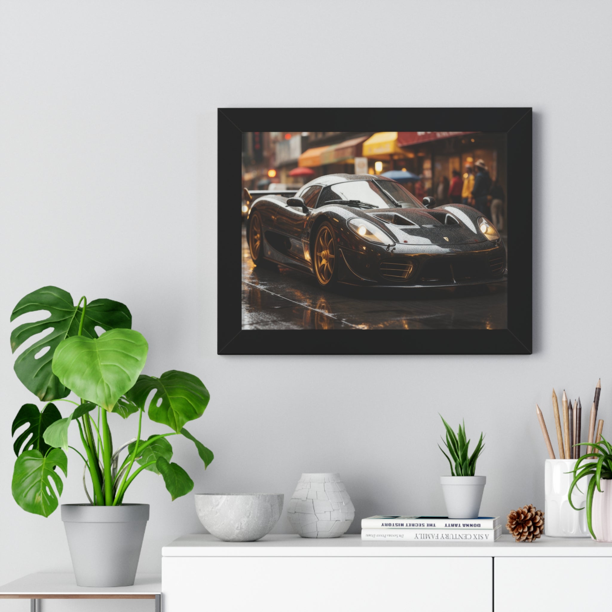 Exotic Black Ferrari F50 Framed Horizontal Poster – Supercar Wall Art for Car Enthusiasts