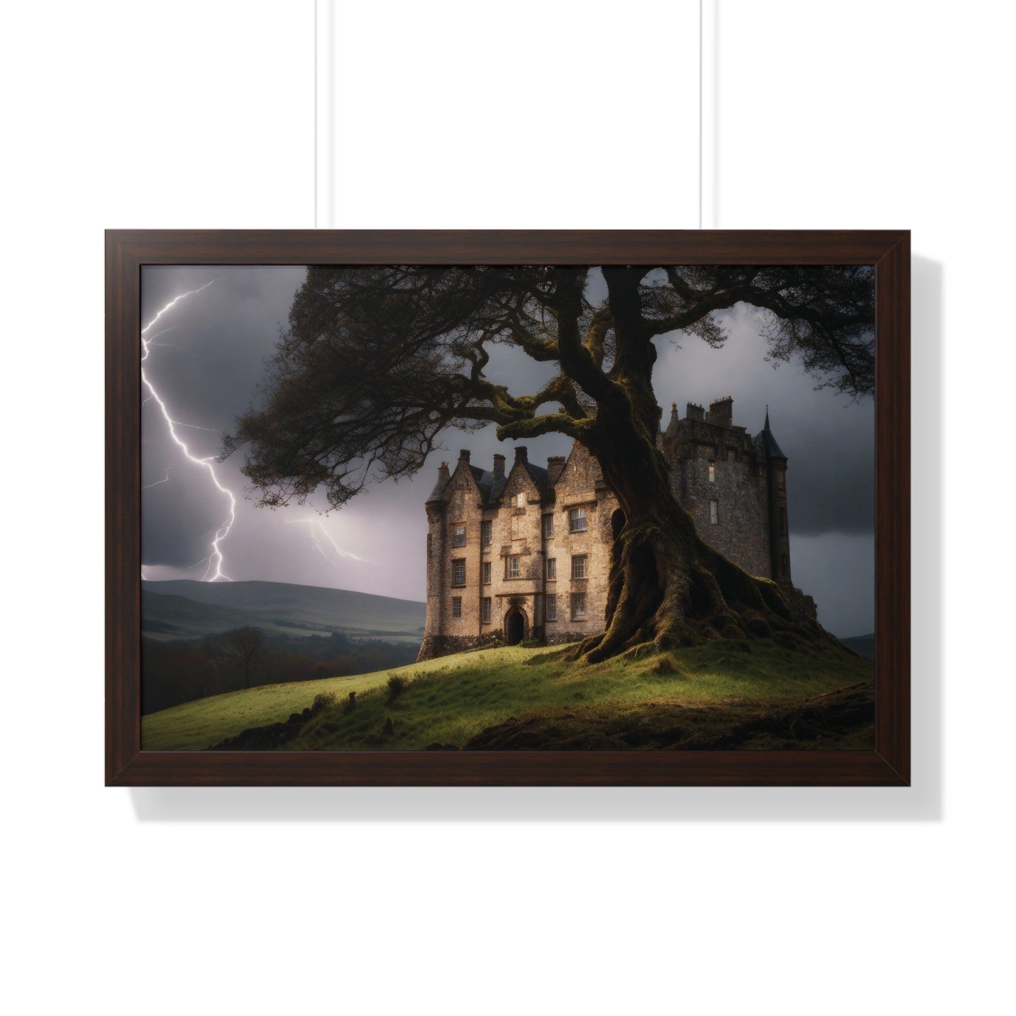 Haunted Scottish Castle Wall Art – Lightning Storm & Ancient Tree Landscape Print