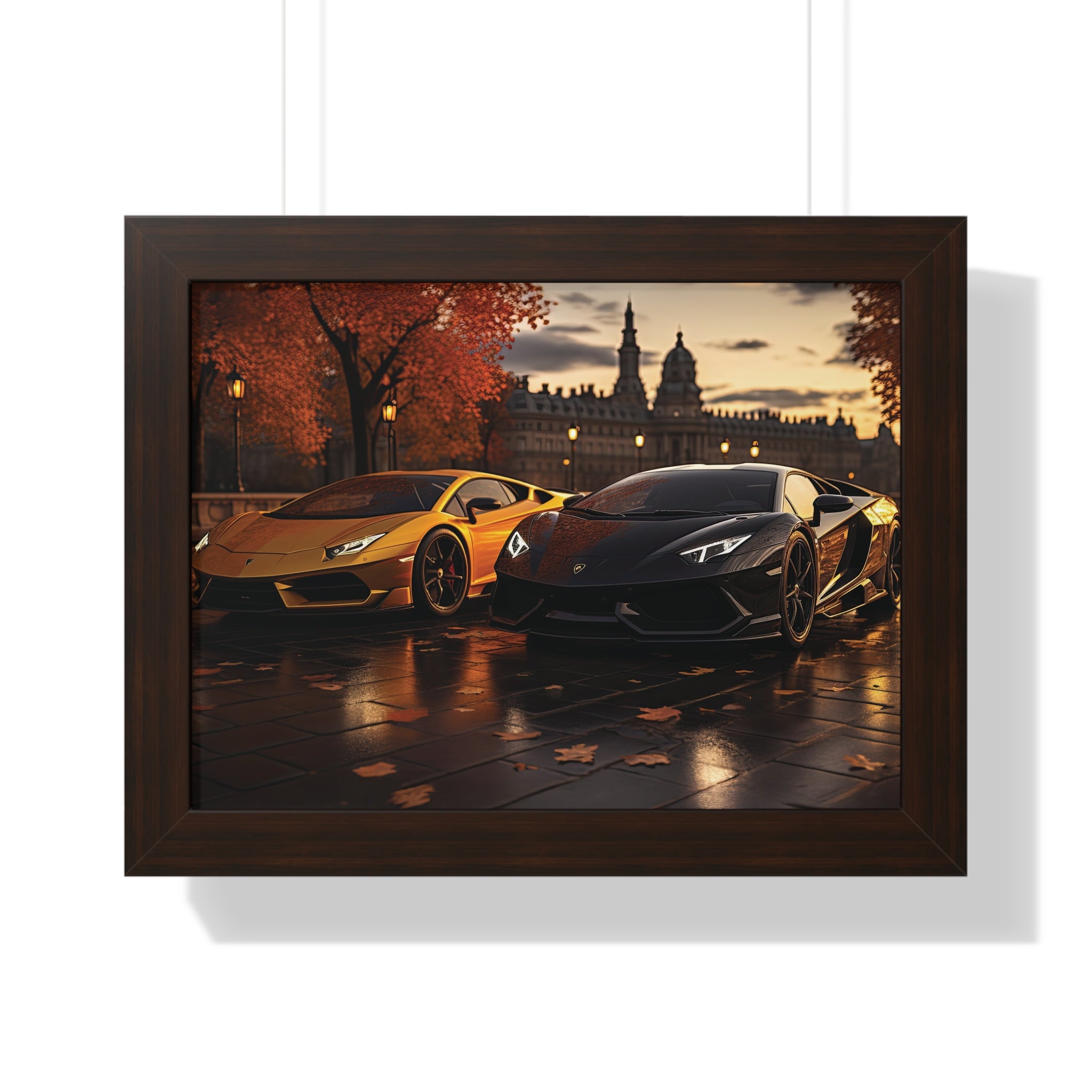 Gold Lamborghini Huracán and a Black Lamborghini Aventador – Premium Framed Print