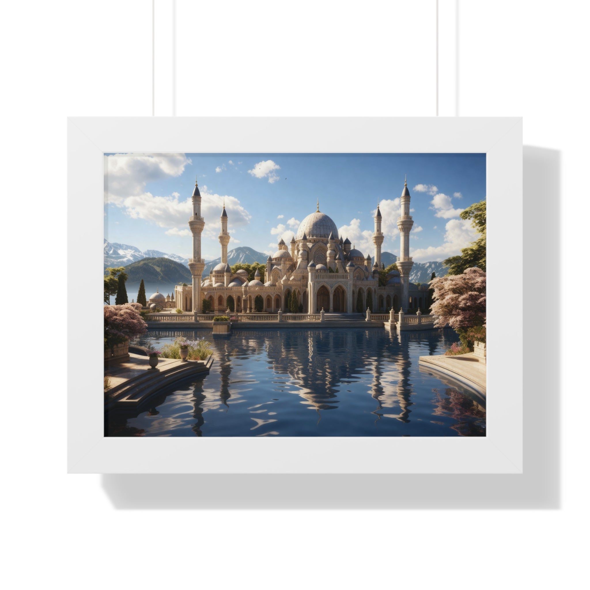 Mirrored Tranquility – Framed Mosque by the Lake Wall Art
