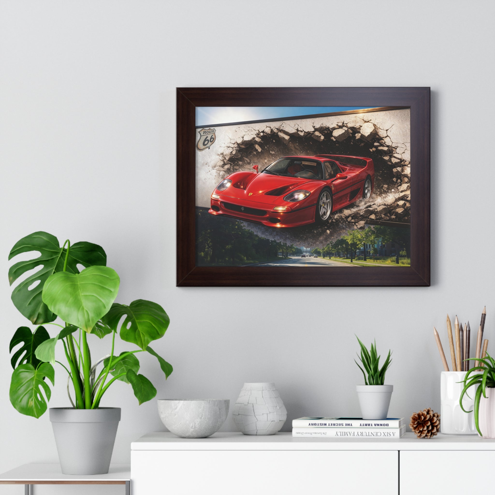 Ferrari F50 Breaking Through Wall – 4K Supercar Canvas
