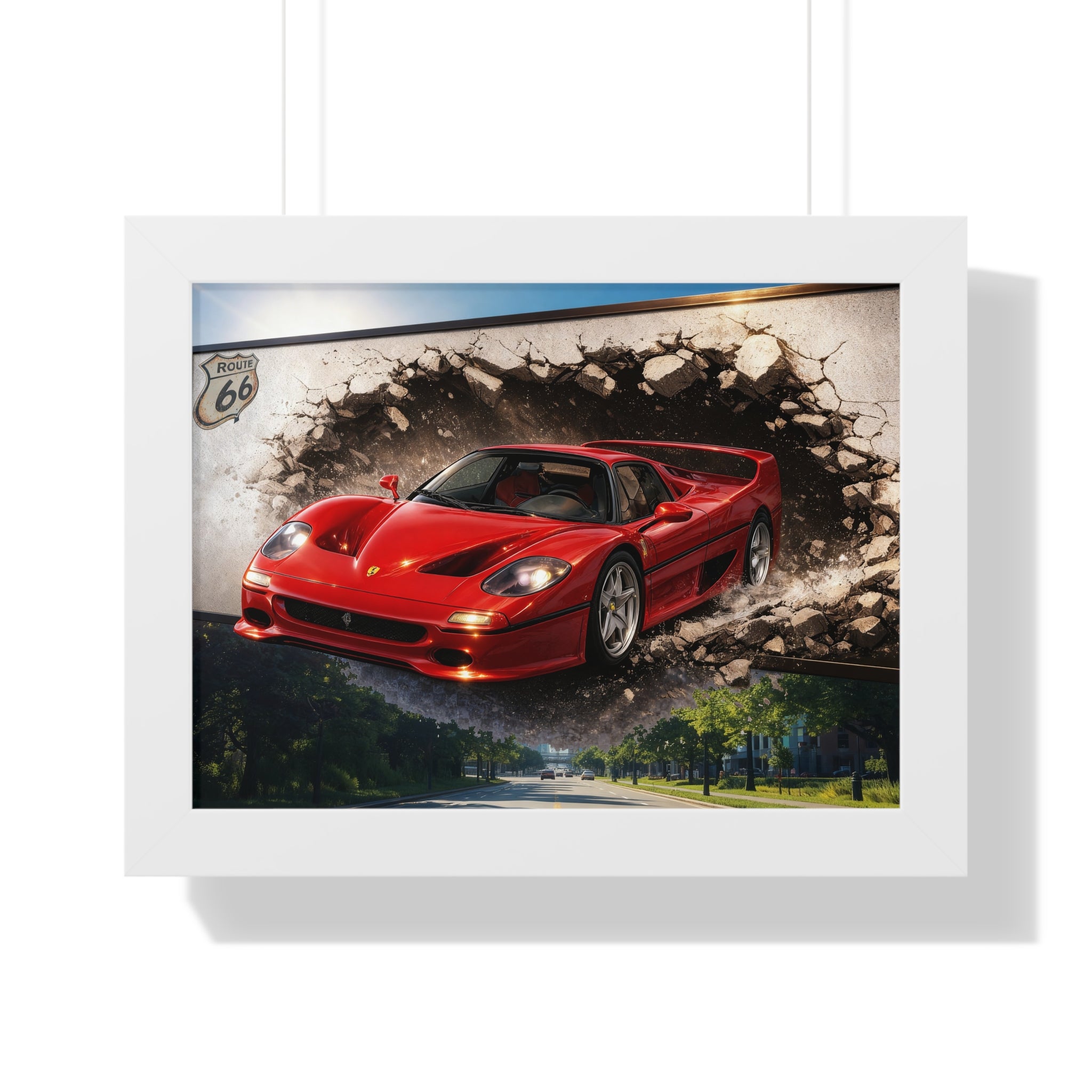 Ferrari F50 Breaking Through Wall – 4K Supercar Canvas