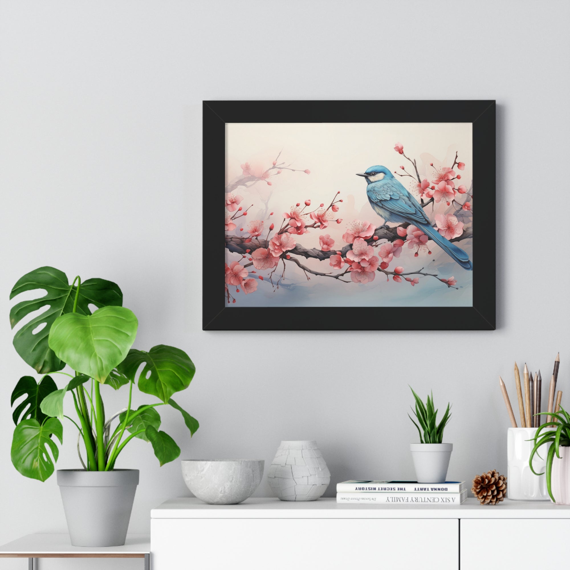 Blue Jay in Bloom  Botanical Wall Art with Cherry Blossoms