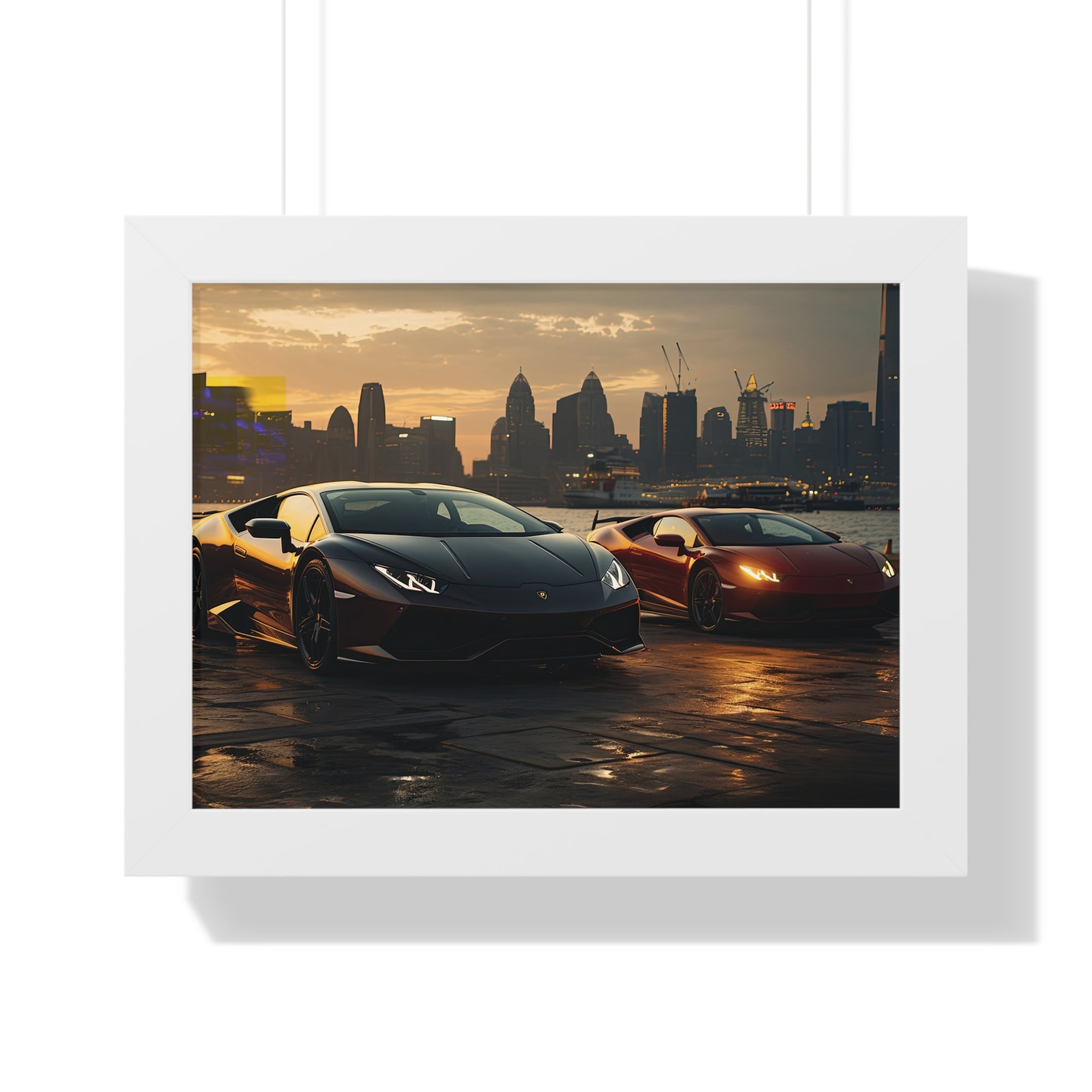 Lamborghinis Parked on a Waterfront at Sunset
