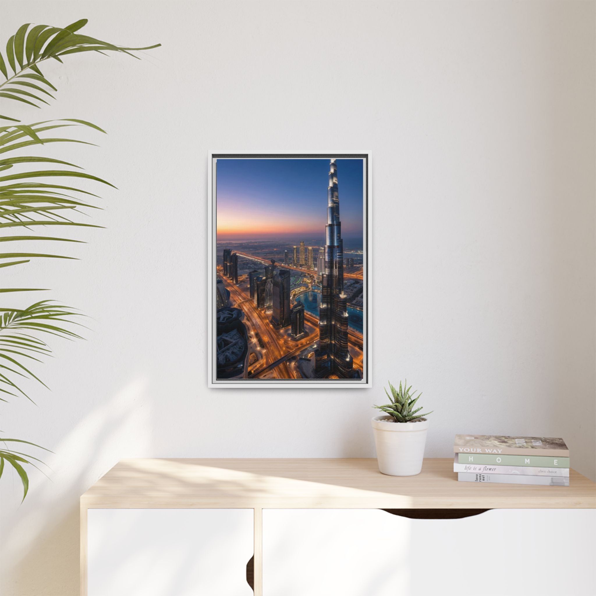 Framed Dubai Skyline at Dusk – Stunning Cityscape Wall Art