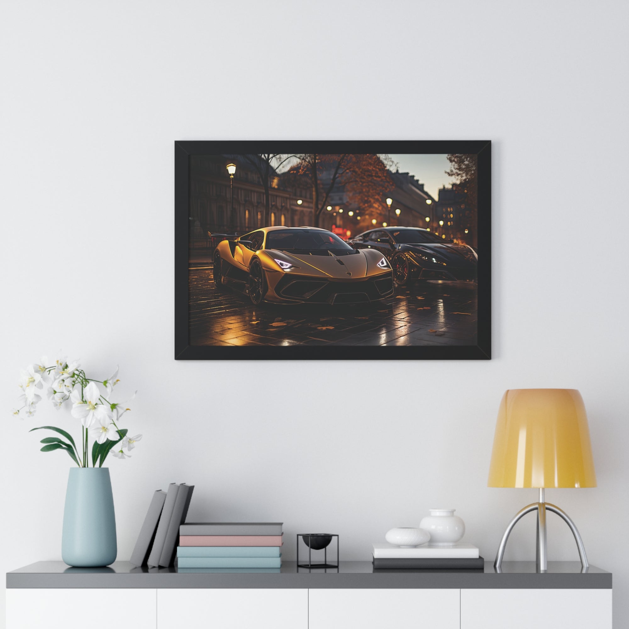 Modified Lamborghini Gold Print - A wet City Street at Night with illuminated Street Lamps