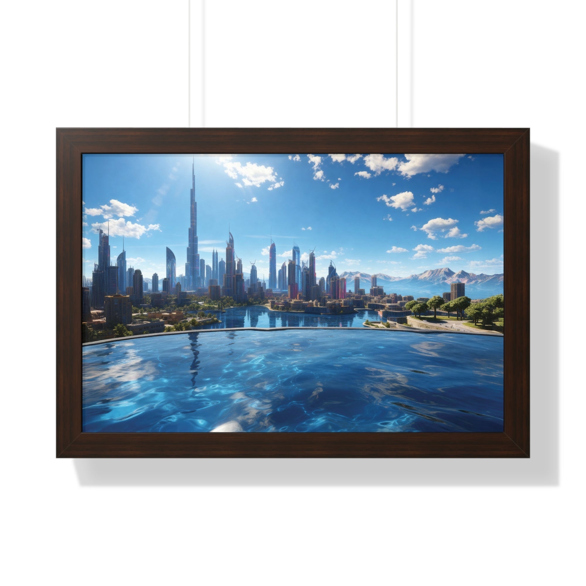 Infinity Pool Skyline View – Framed Luxury Wall Art with Cityscape and Mountain Backdrop