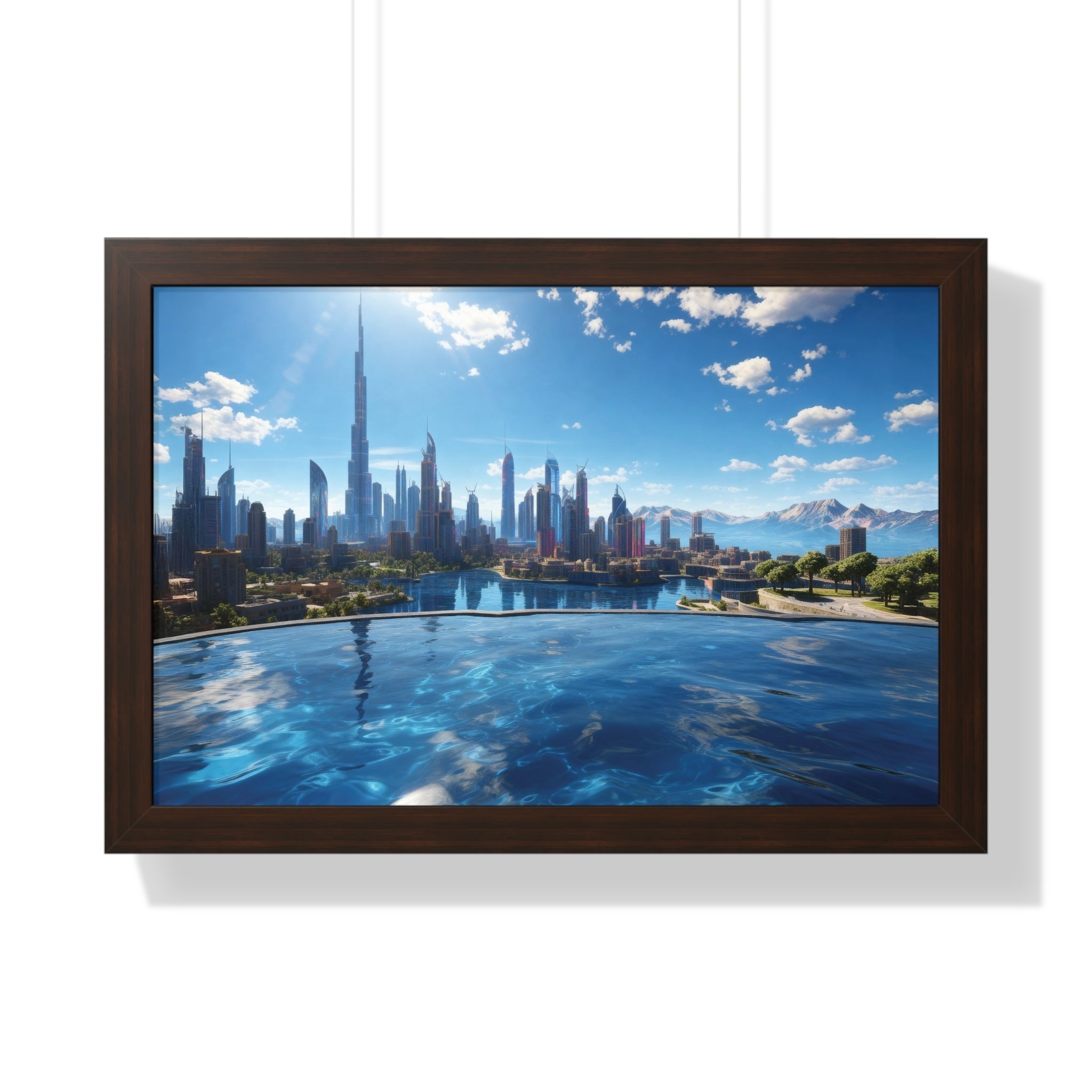 Infinity Pool Skyline View – Framed Luxury Wall Art with Cityscape and Mountain Backdrop