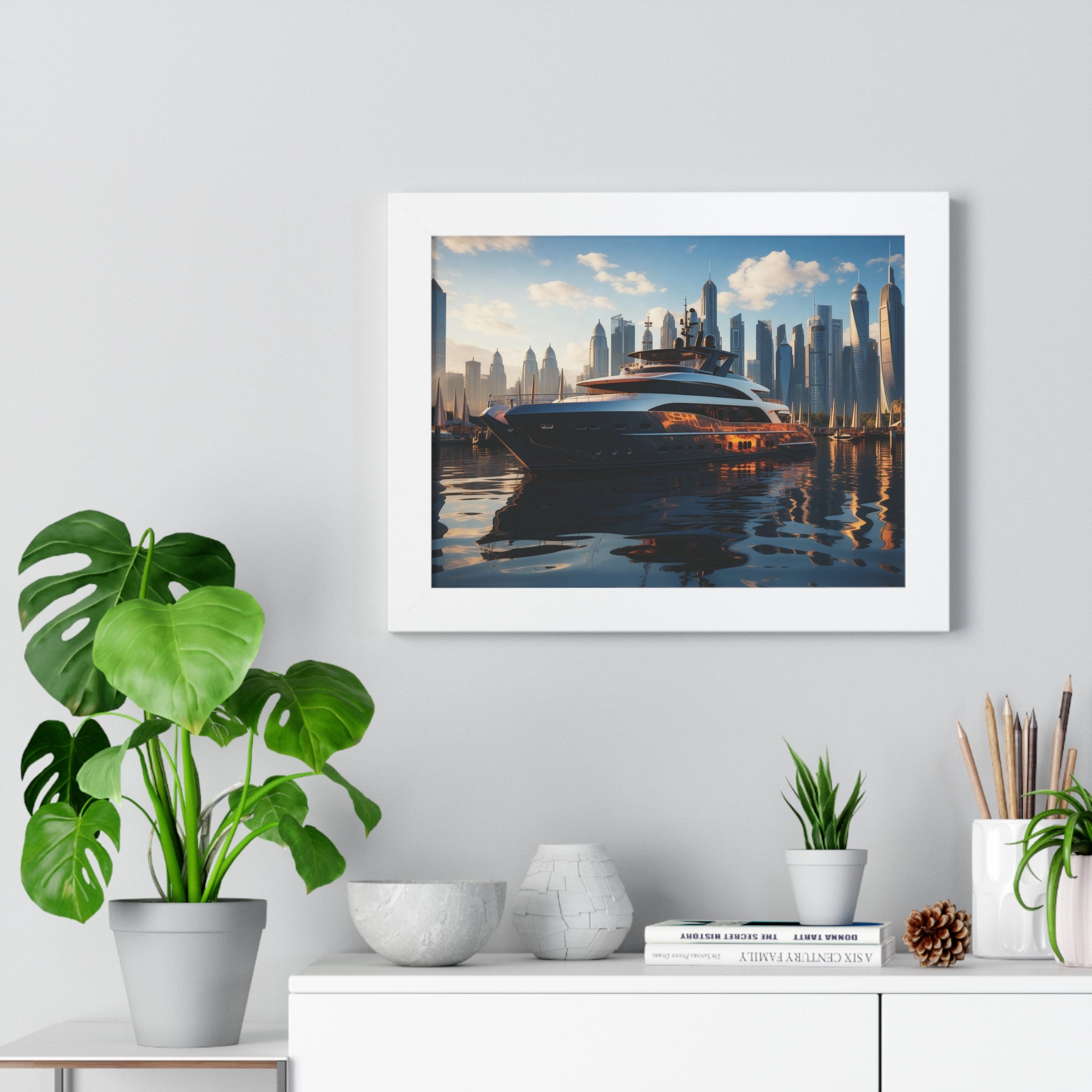 Luxury Yacht Marina at Sunset – Framed Cityscape Wall Art for Modern Interiors