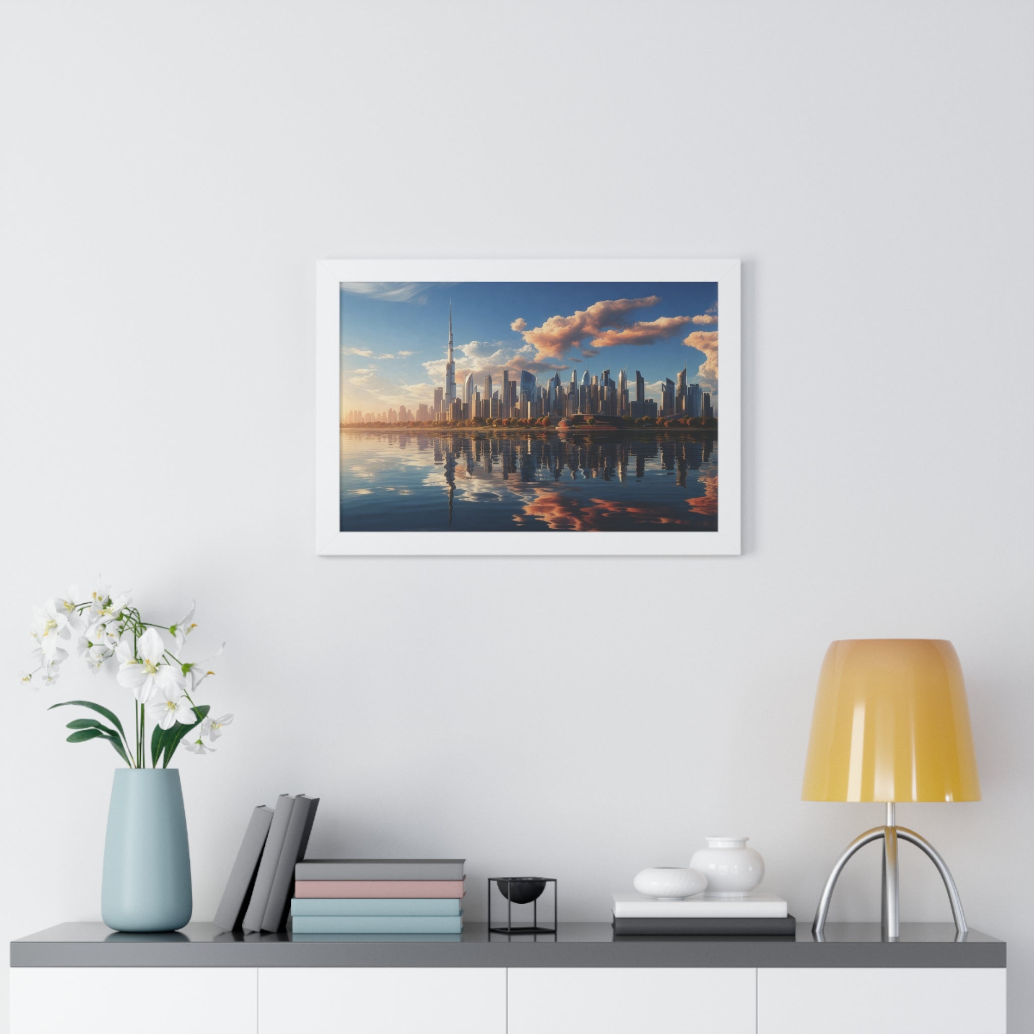 Framed Dubai Sunset Cityscape – Luxury Wall Art with Burj Khalifa for Elegant Interiors