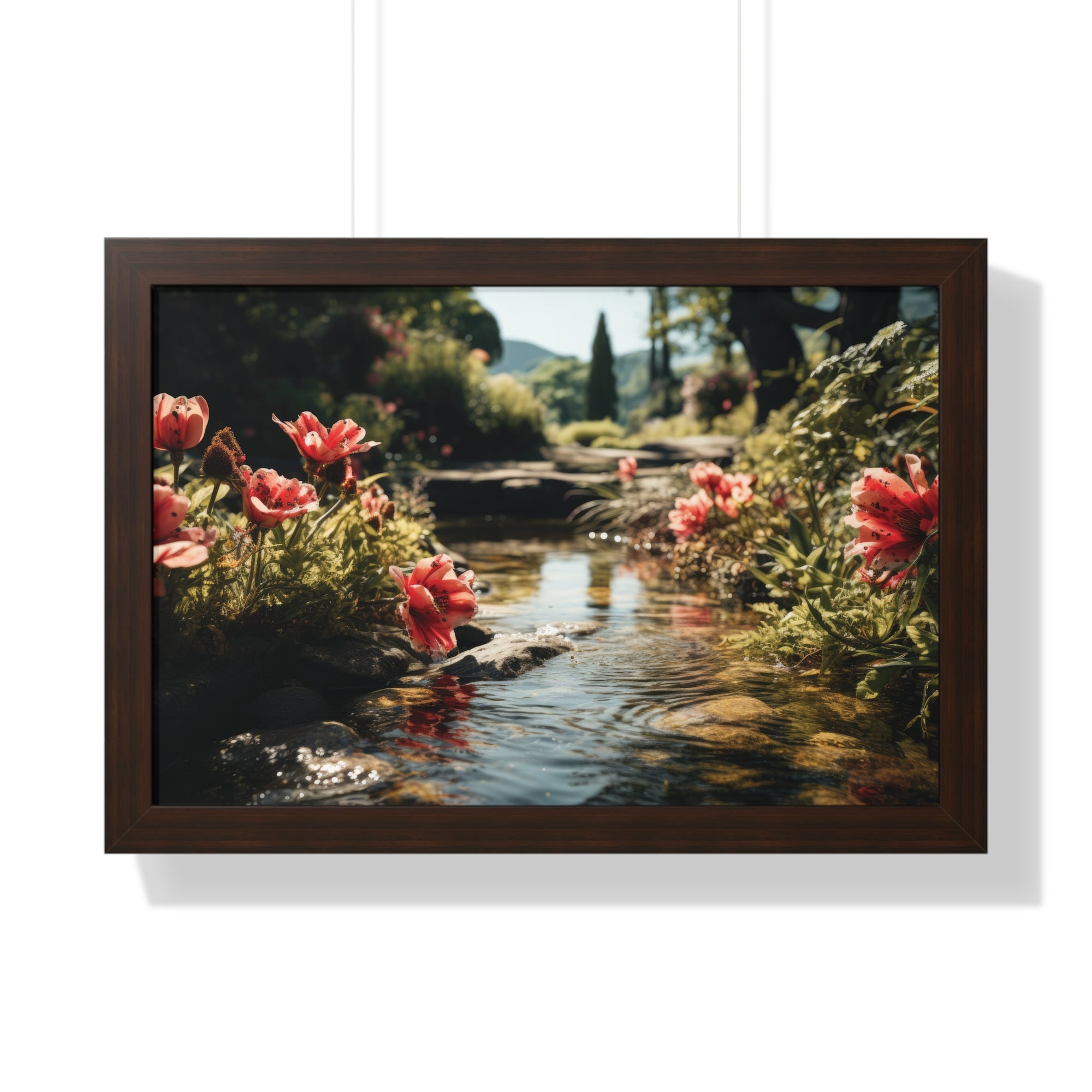 Tranquil Garden Stream with Scarlet Blooms