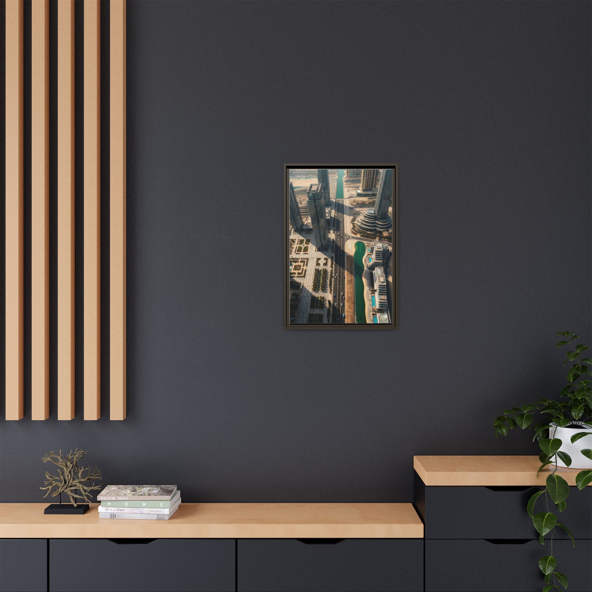 Framed Aerial View of Dubai – High-Resolution Cityscape Wall Art