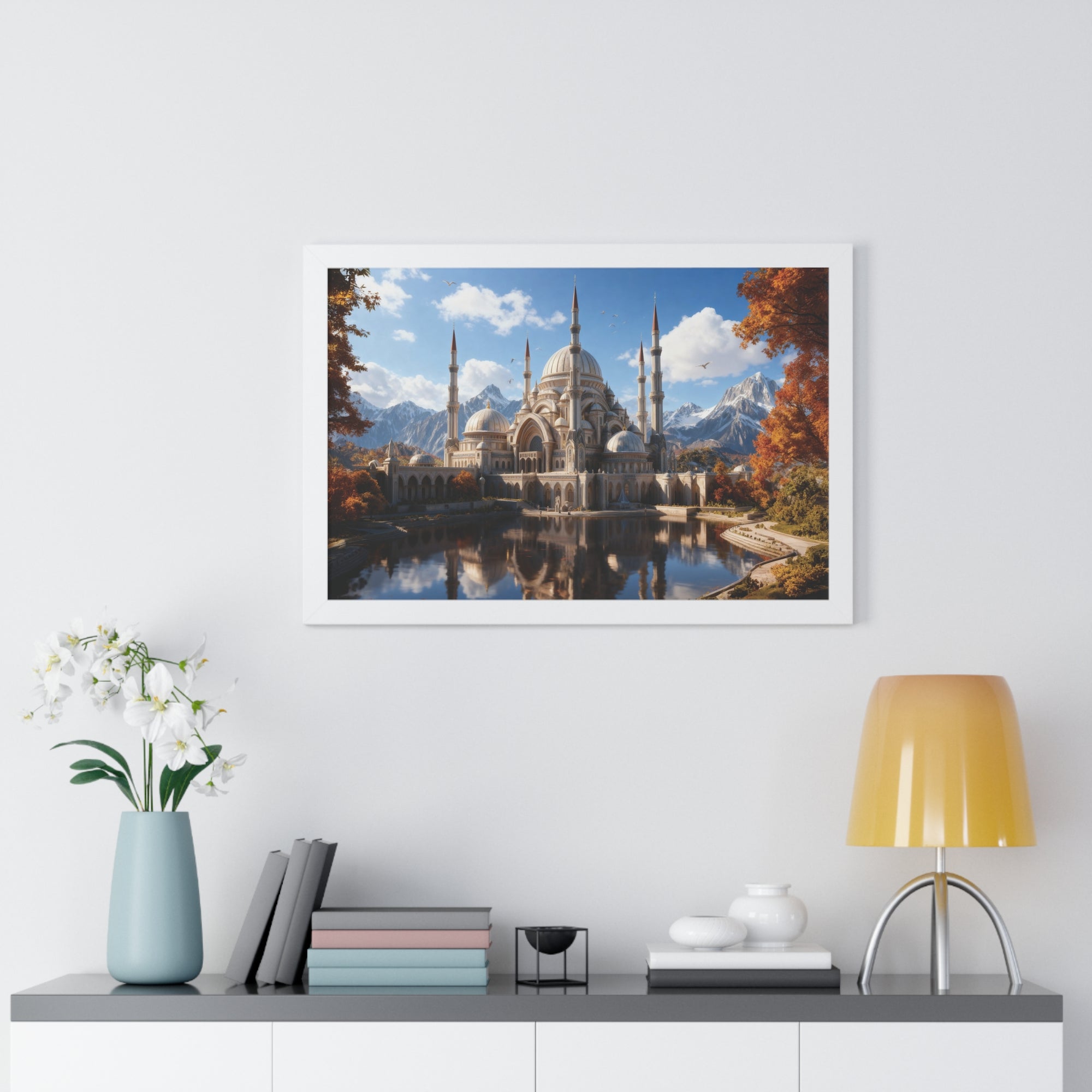 Echoes of Elevation – Majestic Mosque Reflections Framed Wall Art