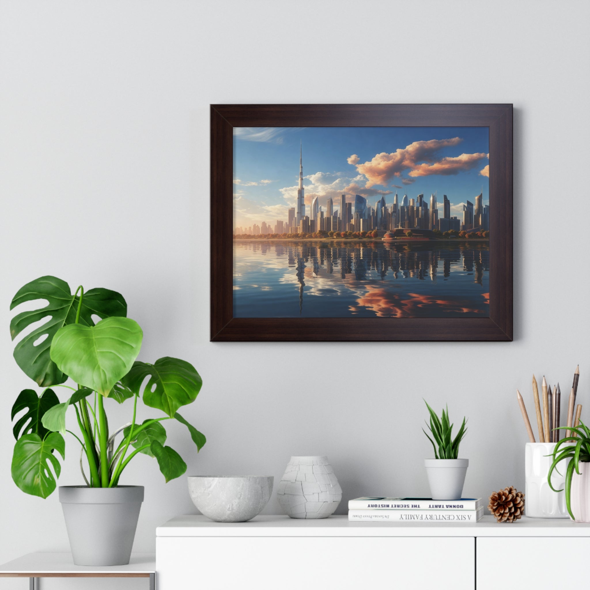 Framed Dubai Sunset Cityscape – Luxury Wall Art with Burj Khalifa for Elegant Interiors
