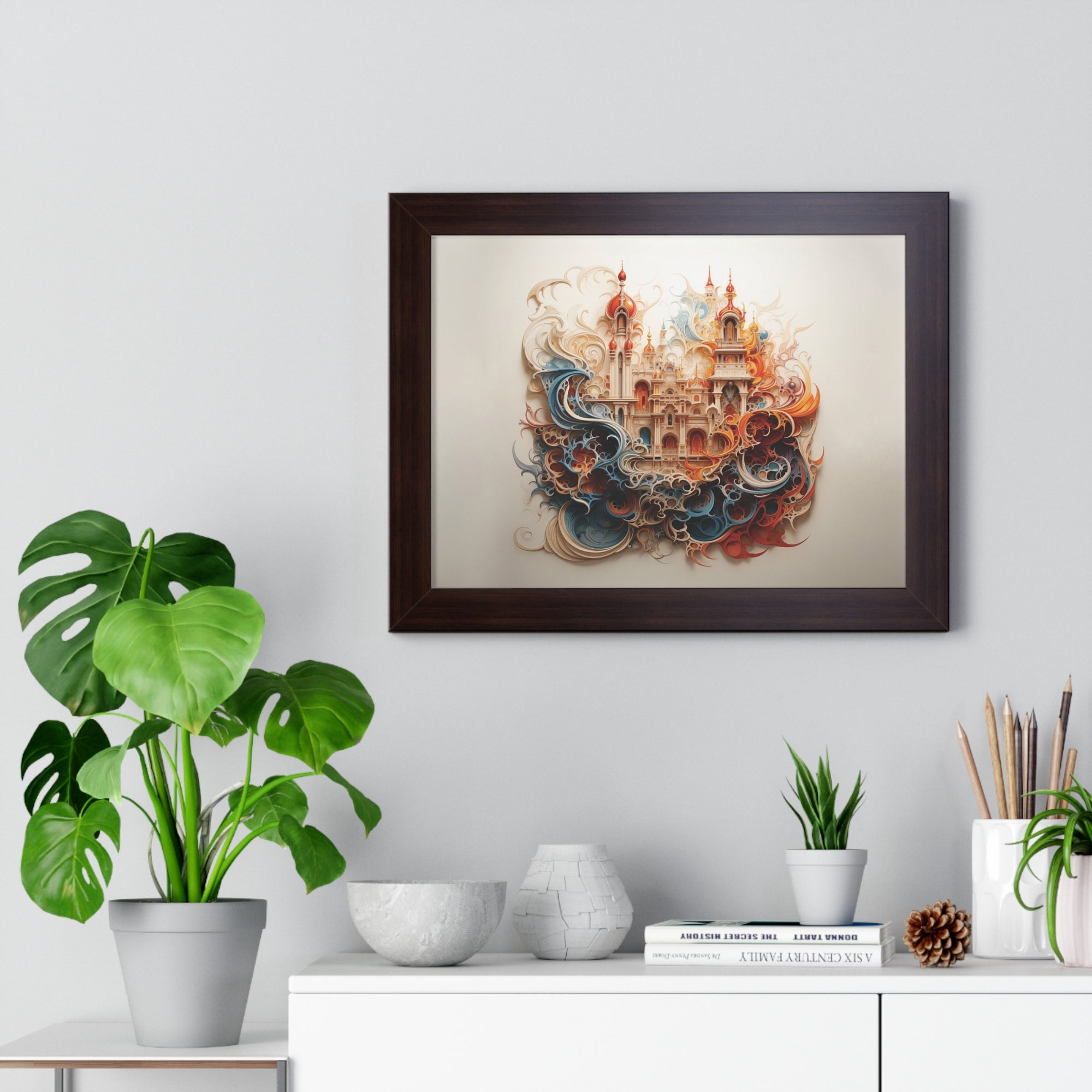 Whimsical Citadel – Mosque Themed Framed Wall Art in Swirling Hues