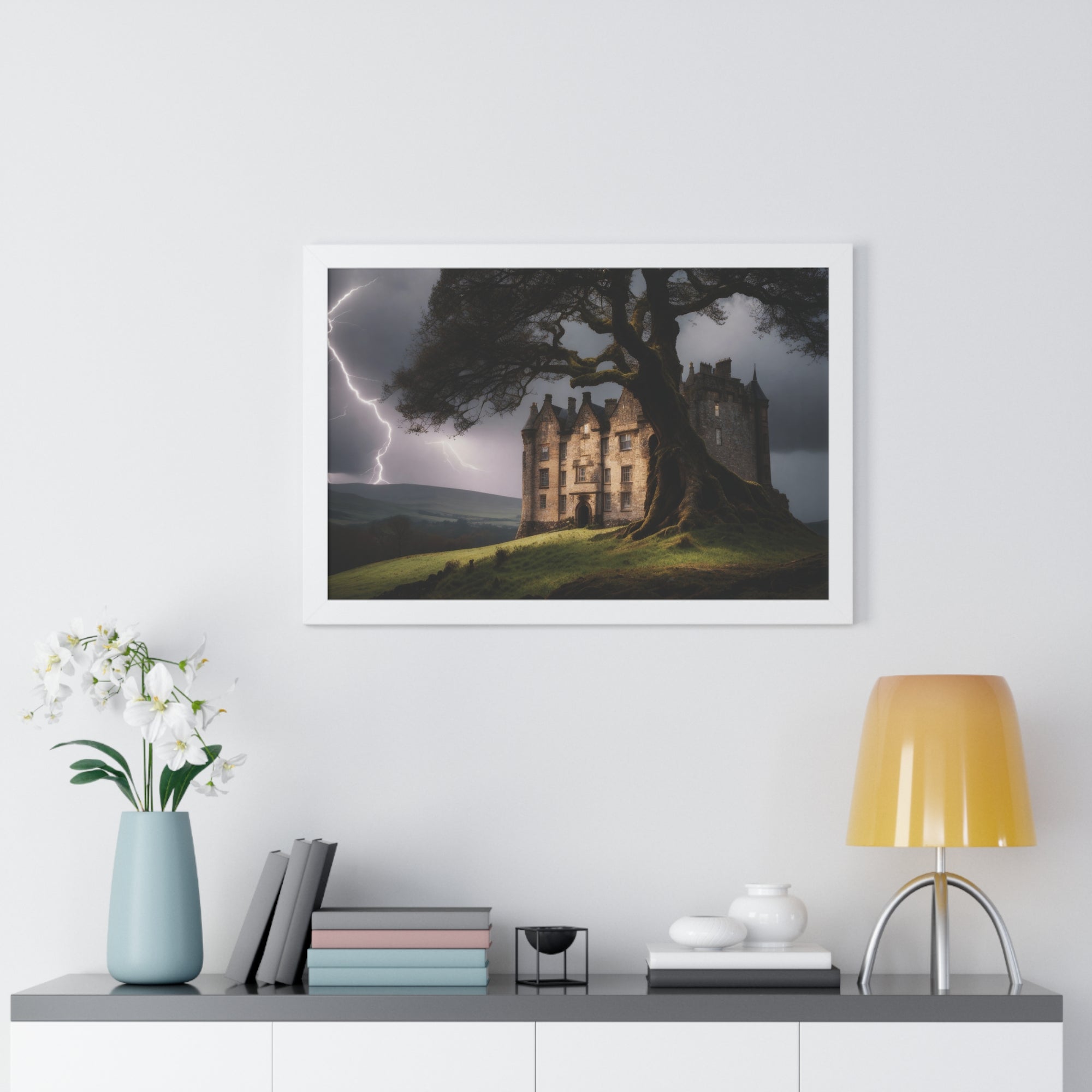 Haunted Scottish Castle Wall Art – Lightning Storm & Ancient Tree Landscape Print