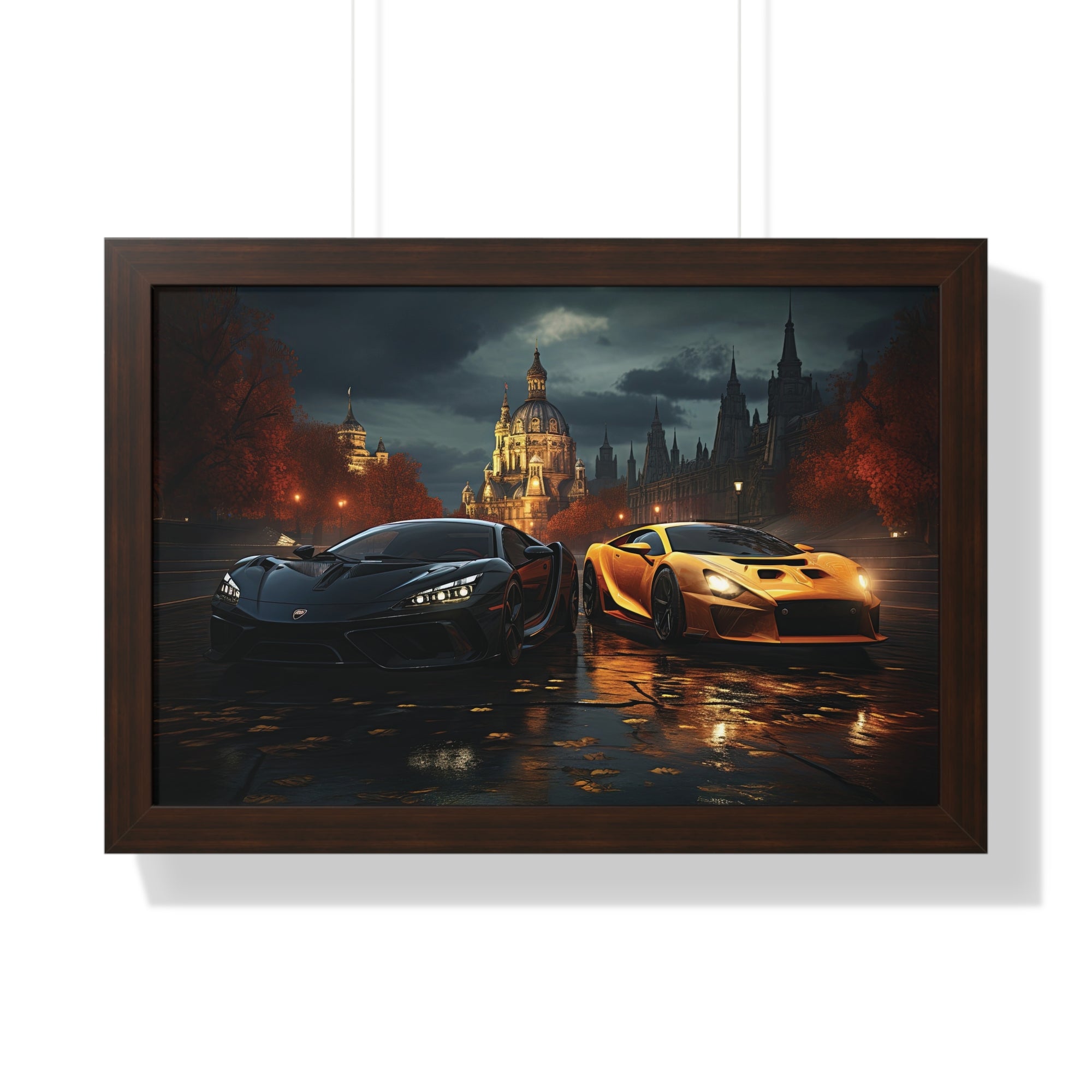 Two Lamborghinis set outside a illuminated Grand Building under a Cloudy Sky