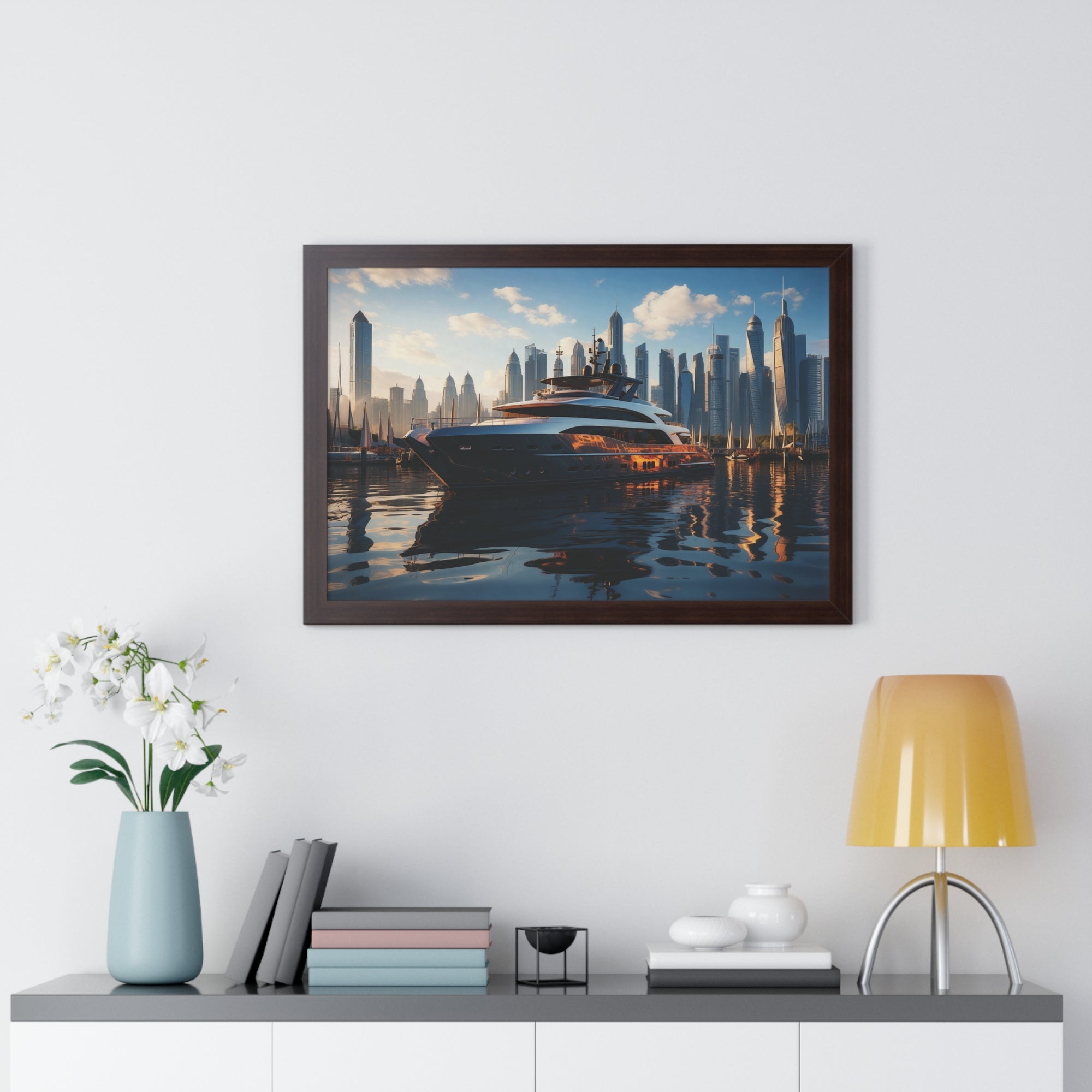 Luxury Yacht Marina at Sunset – Framed Cityscape Wall Art for Modern Interiors