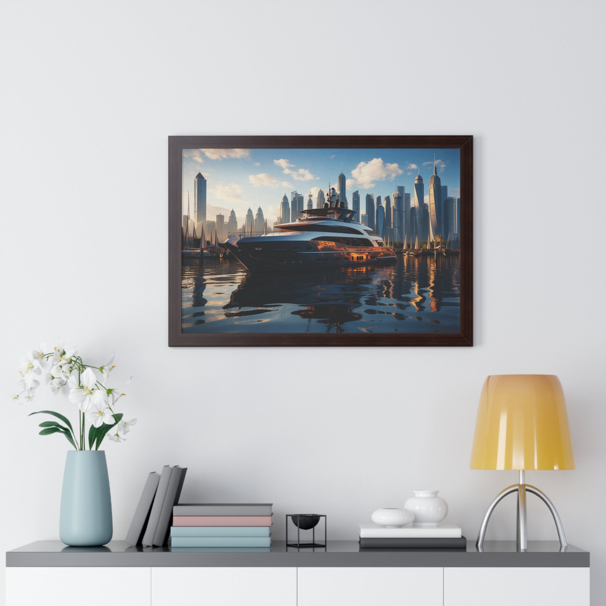 Luxury Yacht Marina at Sunset – Framed Cityscape Wall Art for Modern Interiors
