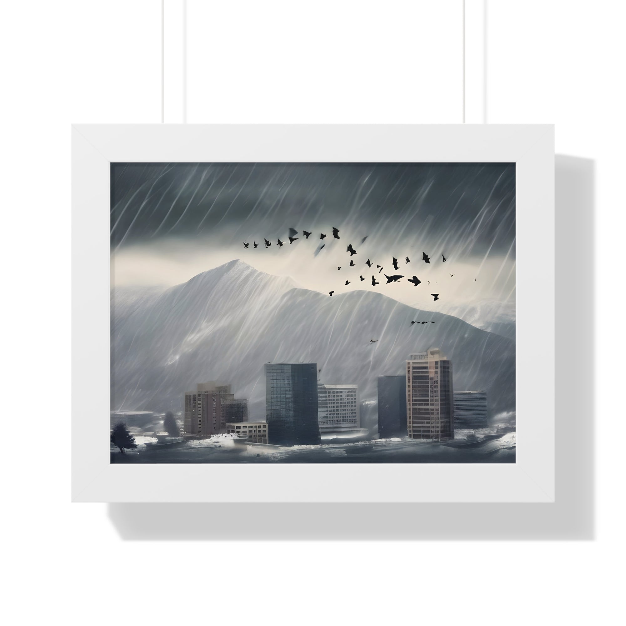Urban Downpour with Birds in Flight – Futuristic Wall Print