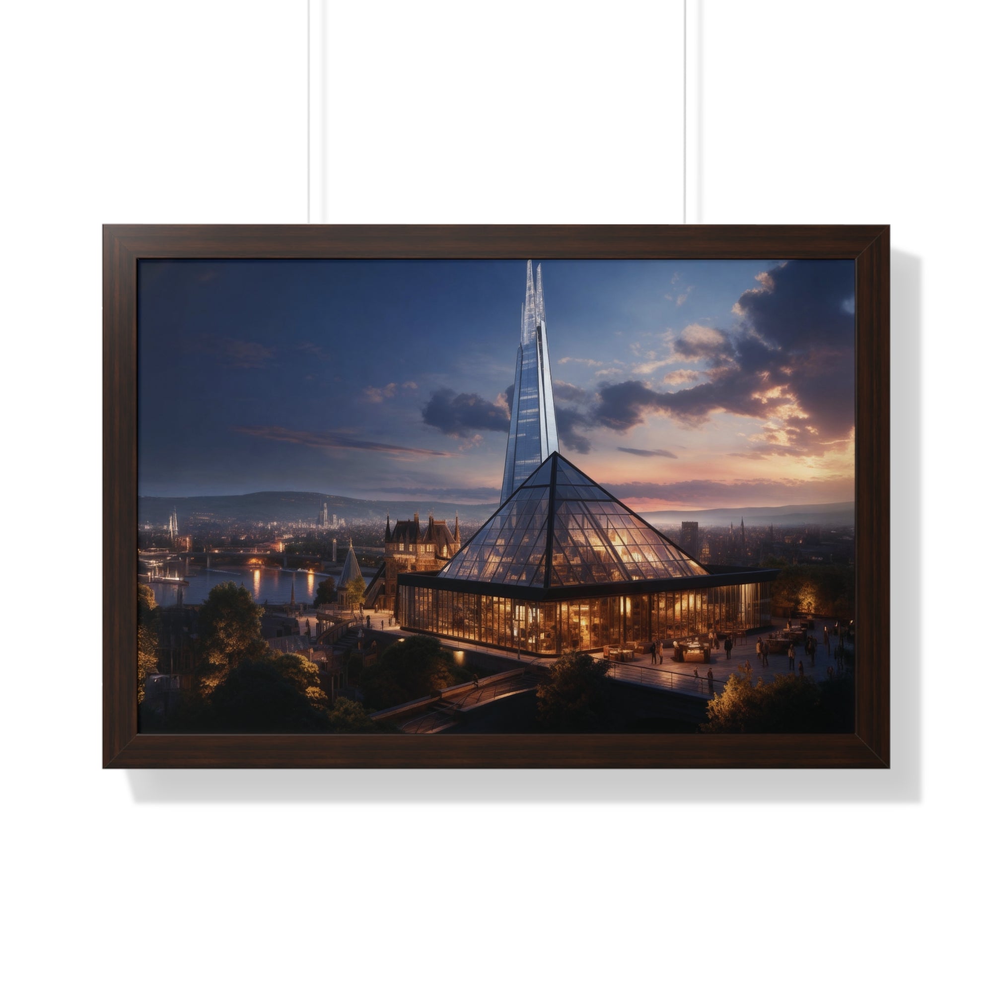 Futuristic Twilight: Glass Spire & Pyramid Skyline – Illuminated Architecture Wall Art