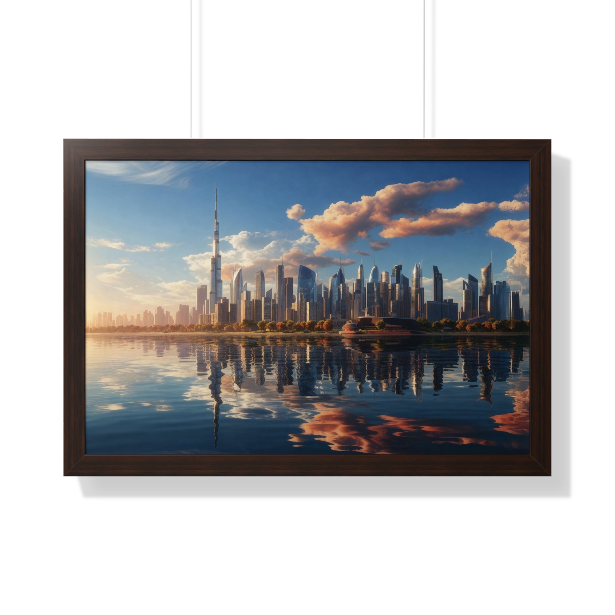 Framed Dubai Sunset Cityscape – Luxury Wall Art with Burj Khalifa for Elegant Interiors