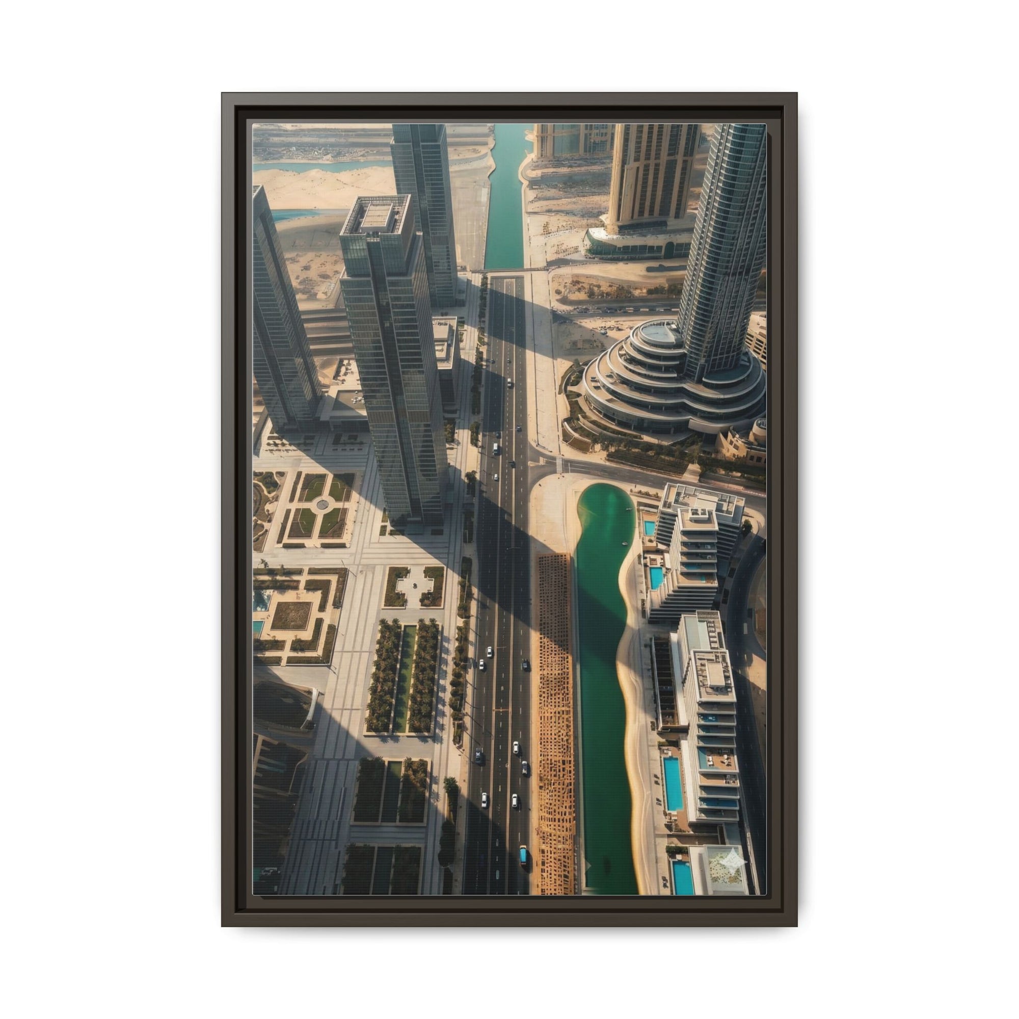 Framed Aerial View of Dubai – High-Resolution Cityscape Wall Art