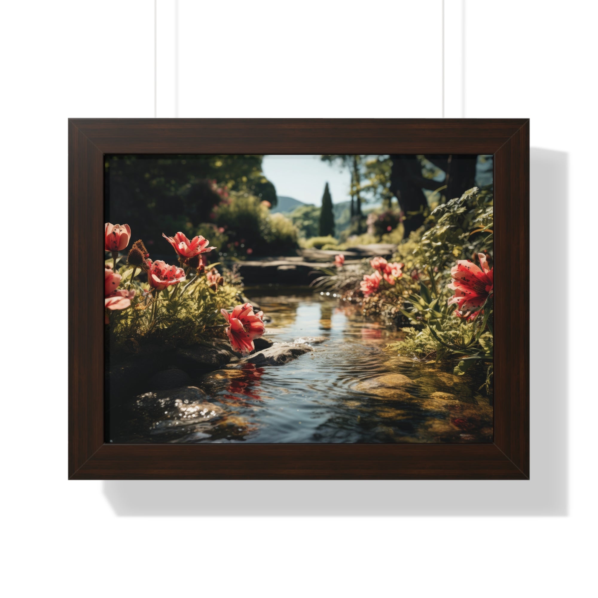 Tranquil Garden Stream with Scarlet Blooms