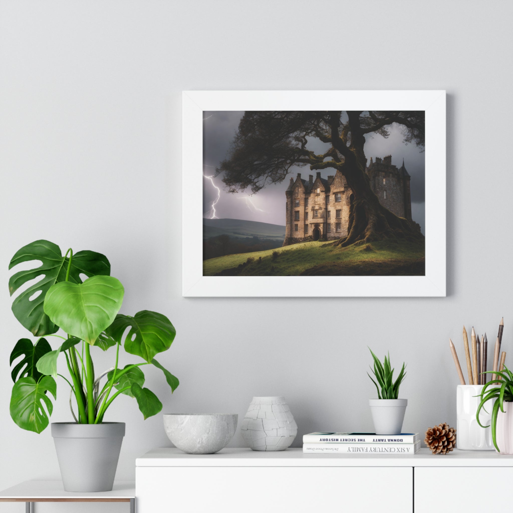 Haunted Scottish Castle Wall Art – Lightning Storm & Ancient Tree Landscape Print