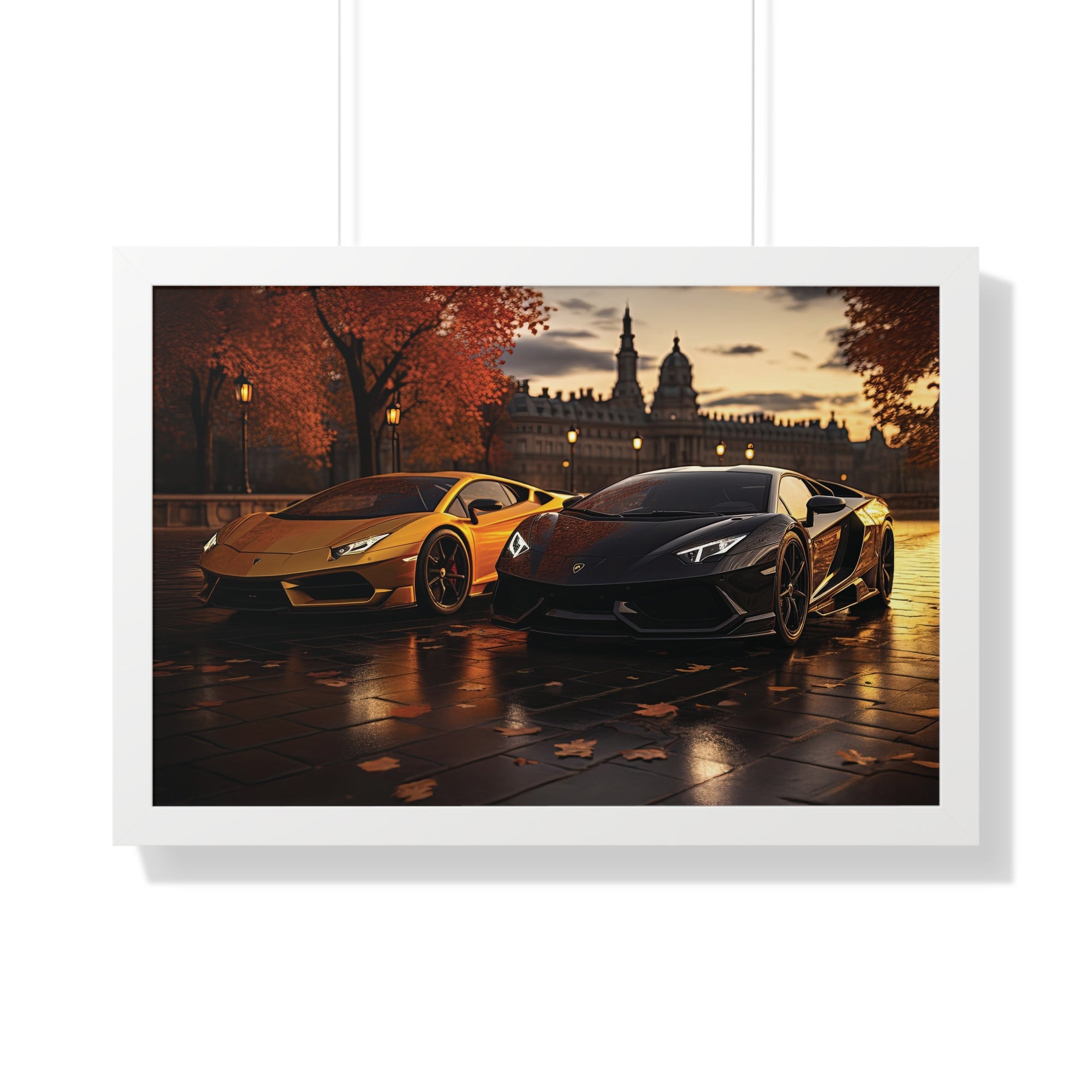 Gold Lamborghini Huracán and a Black Lamborghini Aventador – Premium Framed Print