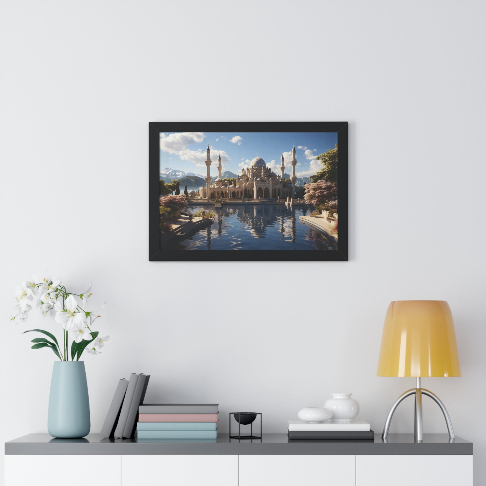 Mirrored Tranquility – Framed Mosque by the Lake Wall Art