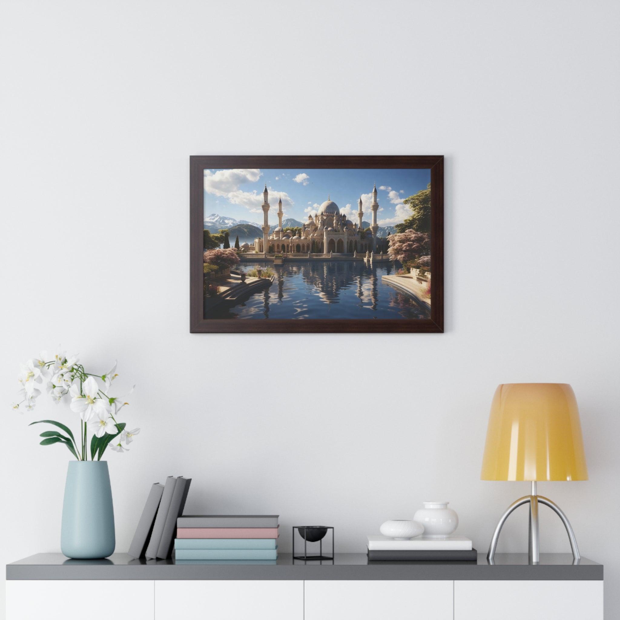 Mirrored Tranquility – Framed Mosque by the Lake Wall Art