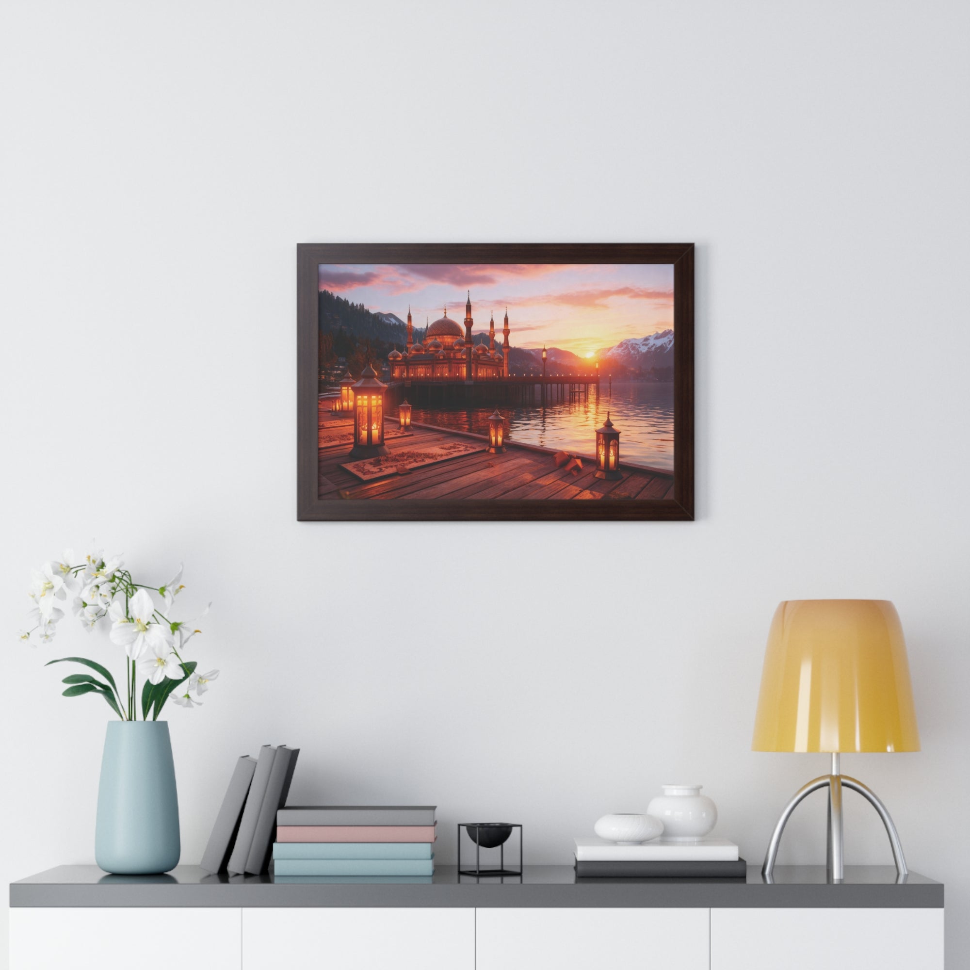 Twilight Serenity – Illuminated Mosque Reflections Framed Wall Art