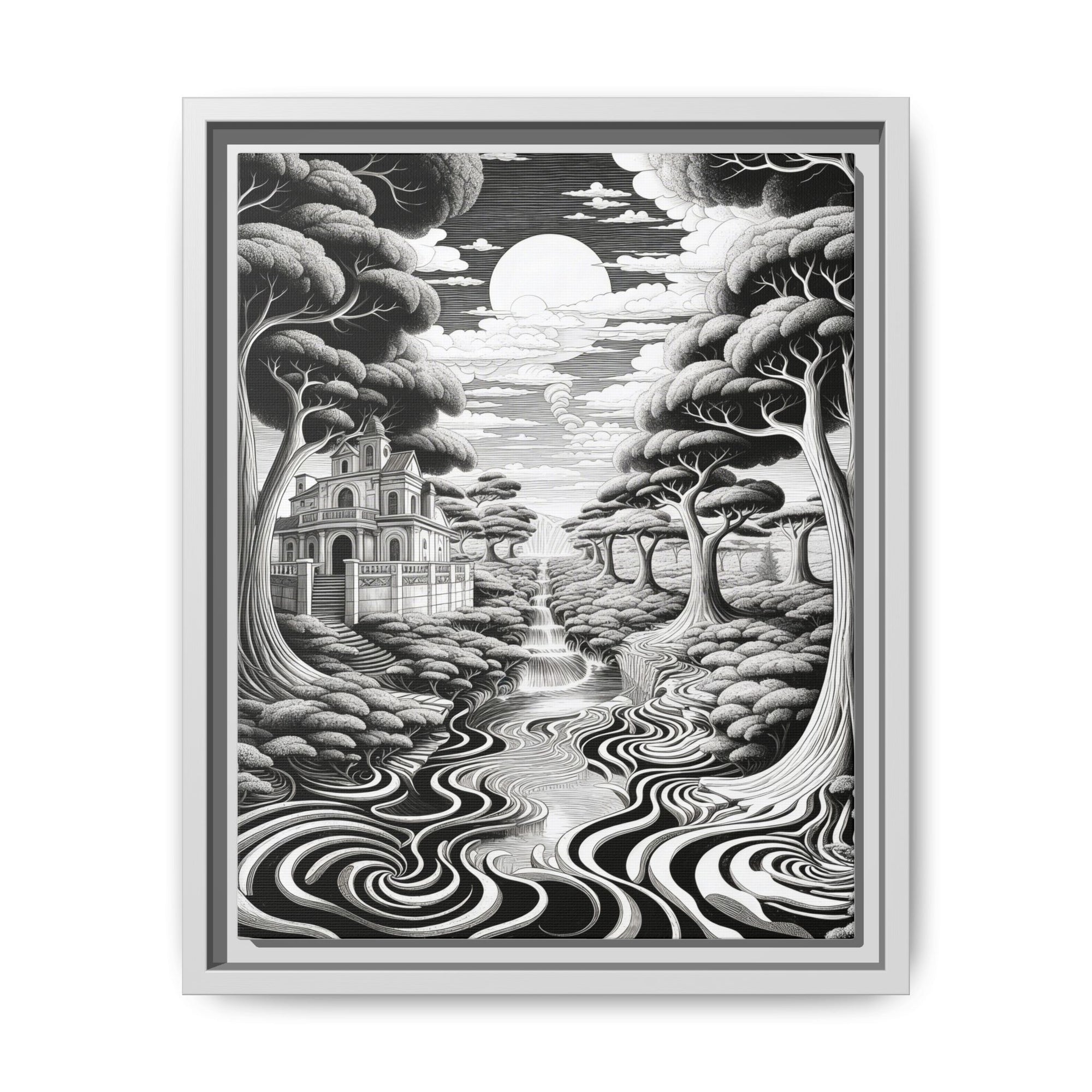 Enchanted River & Mansion Scene Luxury Landscape Wall Art