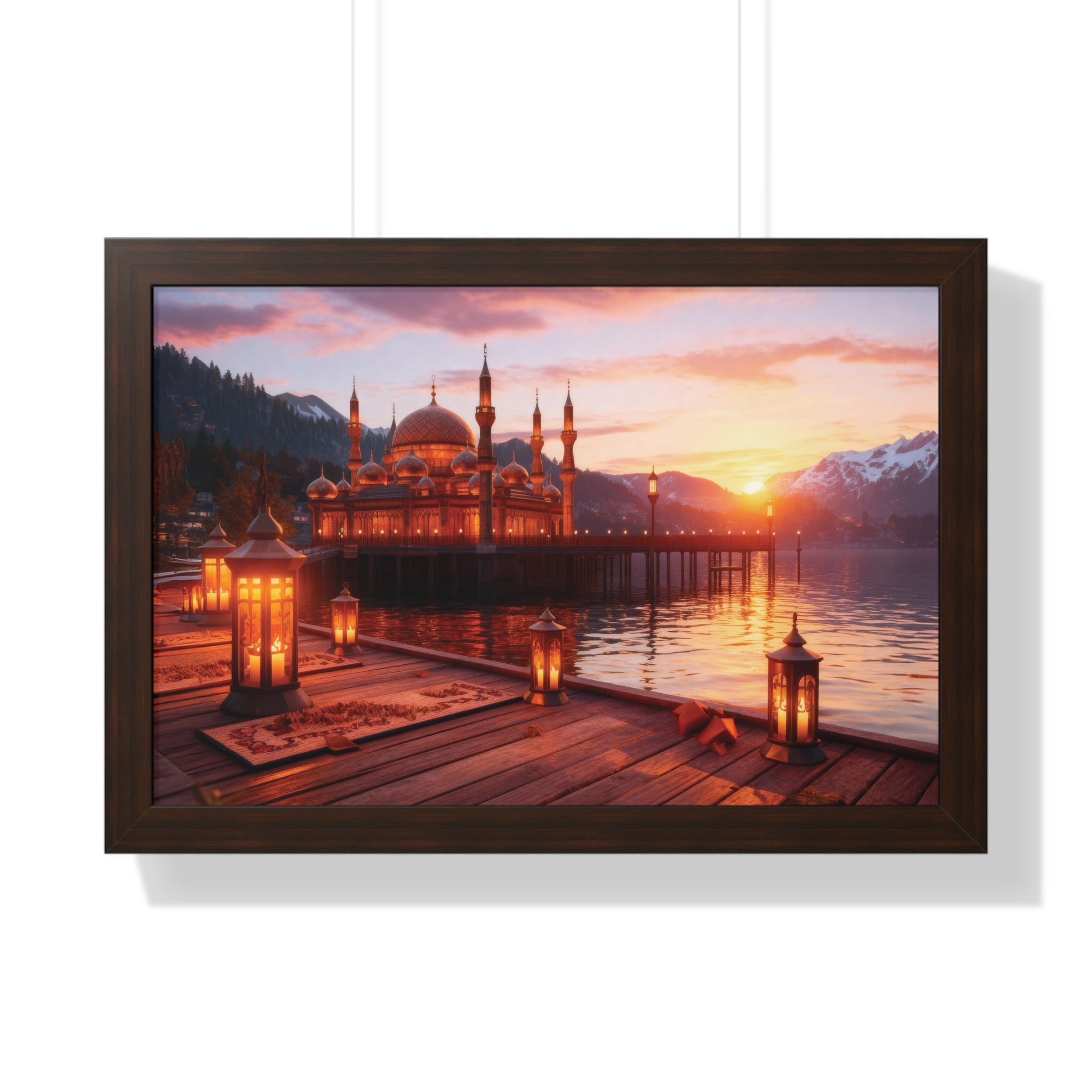 Twilight Serenity – Illuminated Mosque Reflections Framed Wall Art