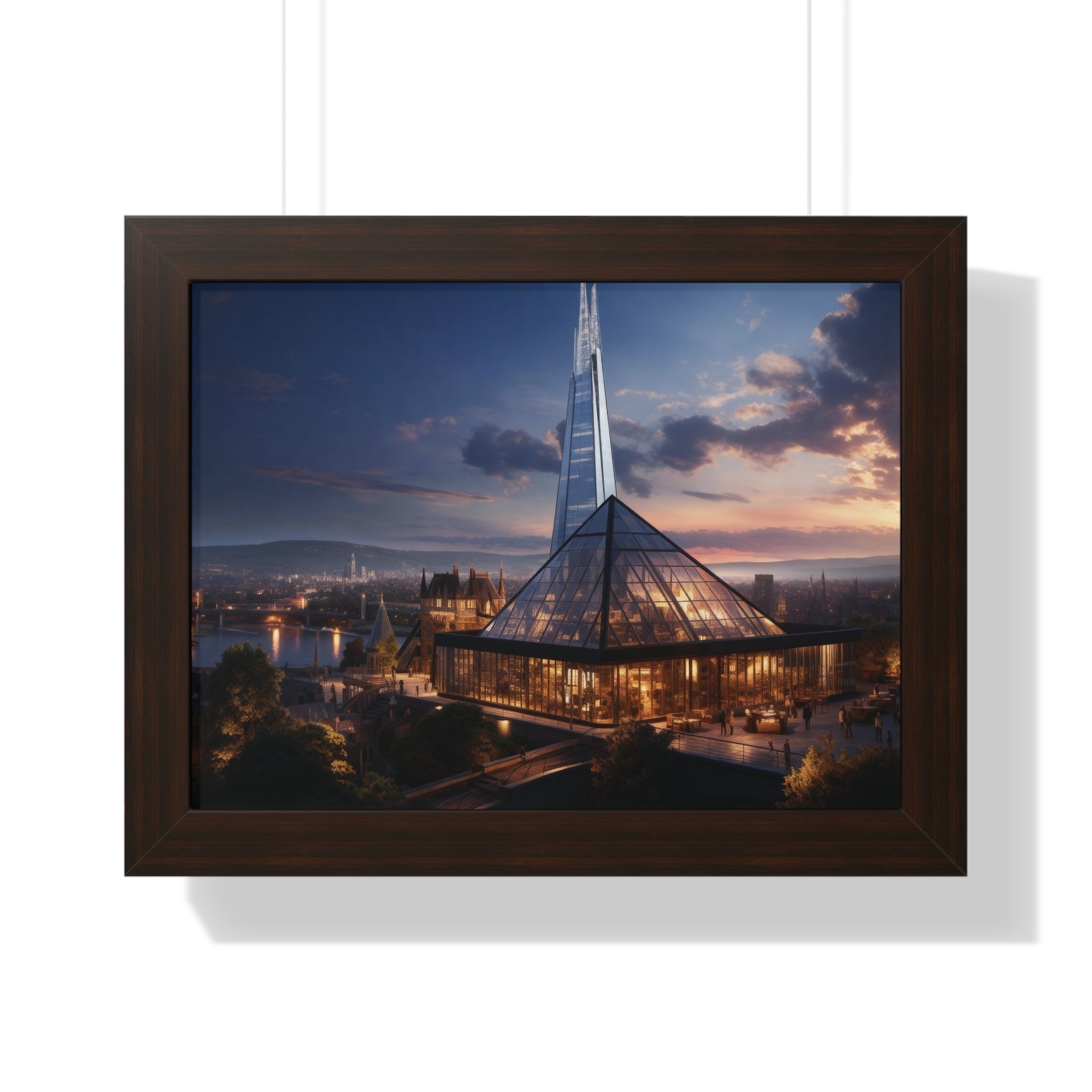 Futuristic Twilight: Glass Spire & Pyramid Skyline – Illuminated Architecture Wall Art