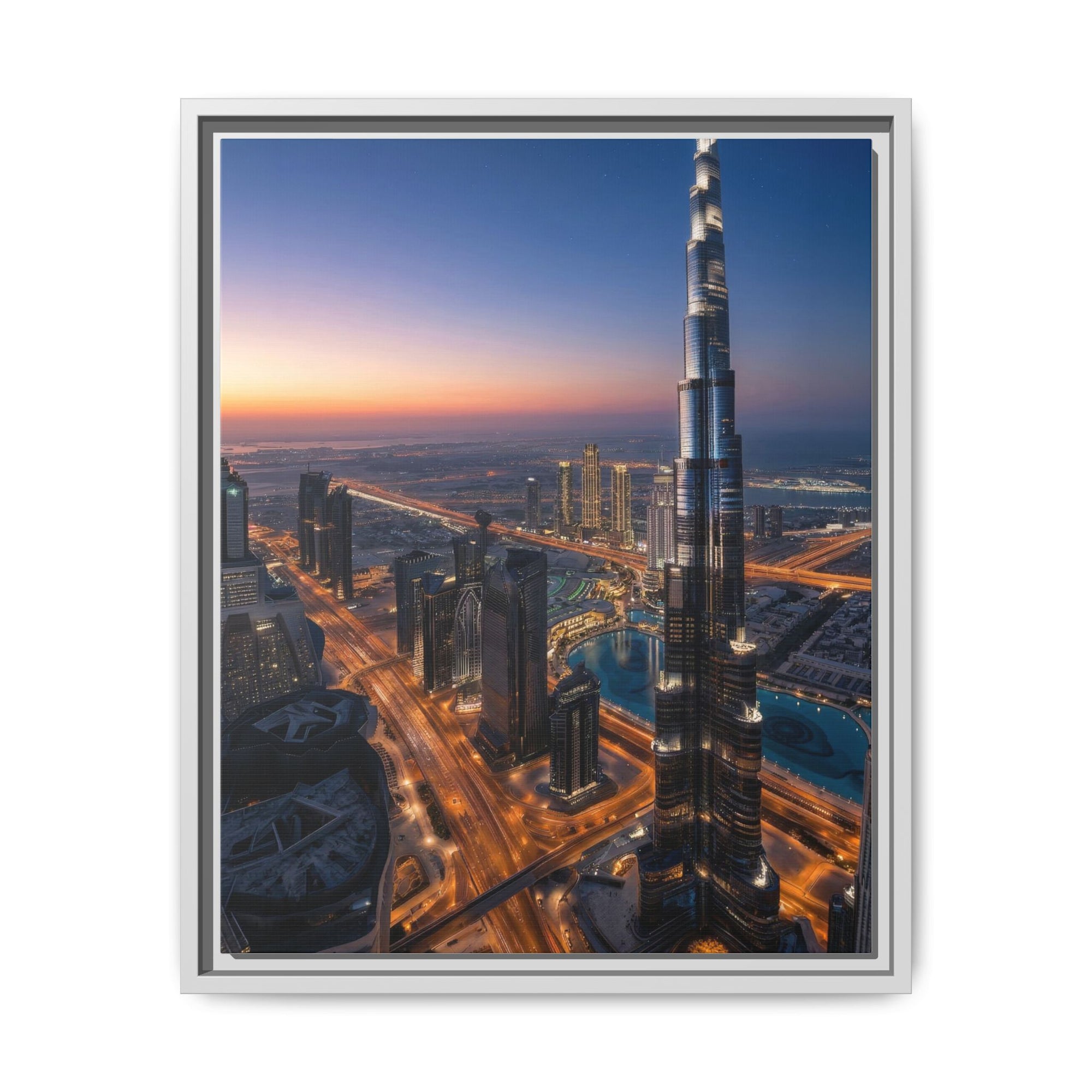 Framed Dubai Skyline at Dusk – Stunning Cityscape Wall Art