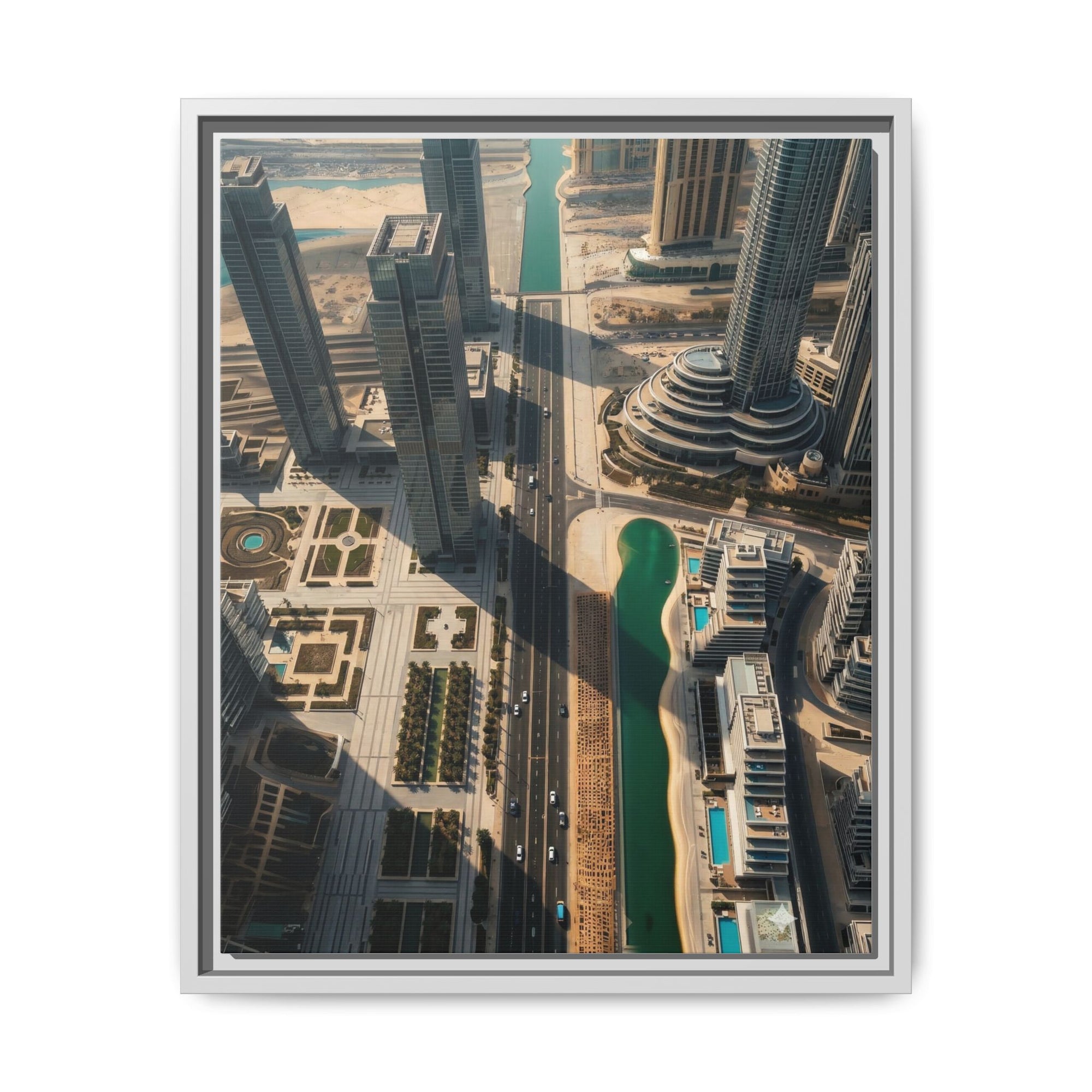 Framed Aerial View of Dubai – High-Resolution Cityscape Wall Art