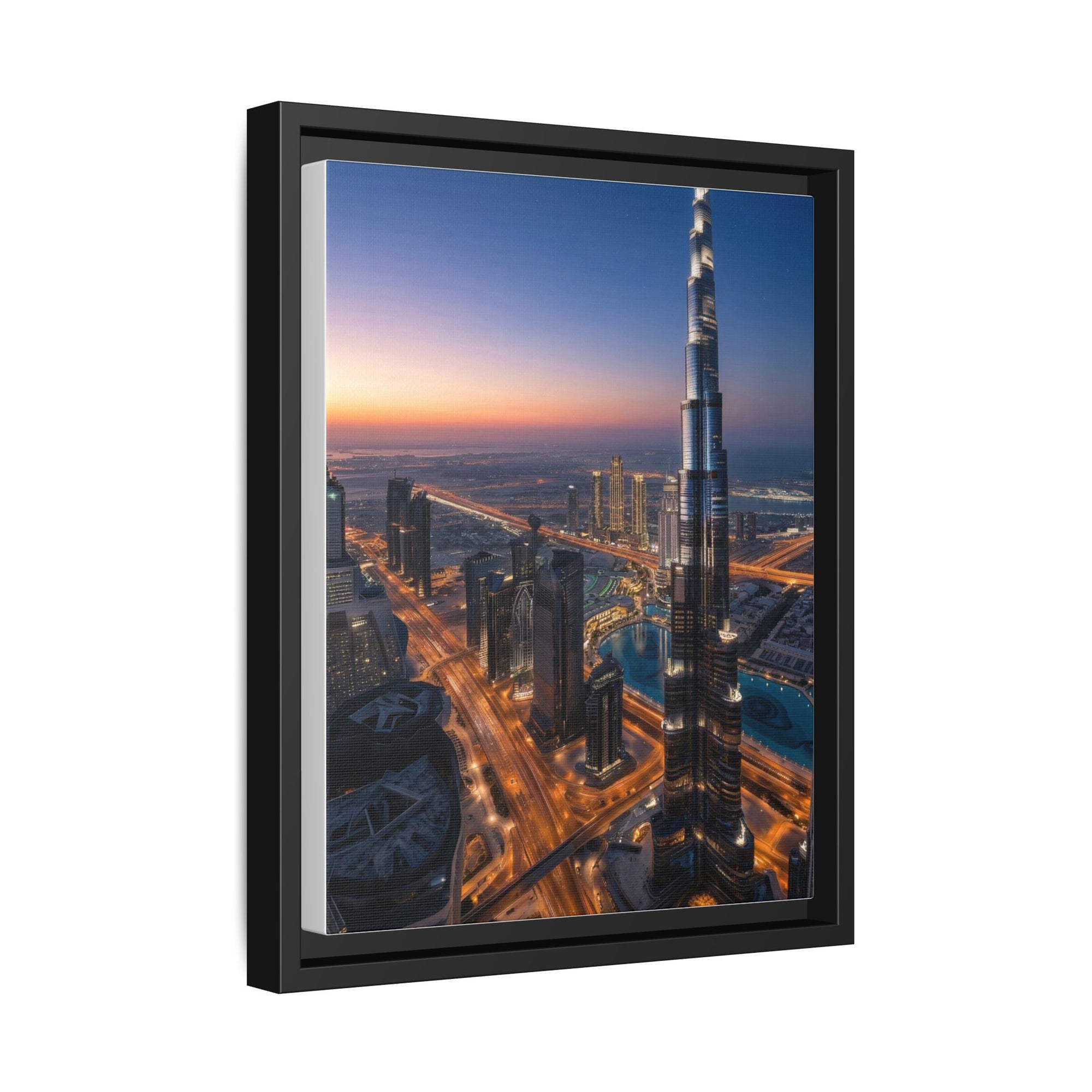 Framed Dubai Skyline at Dusk – Stunning Cityscape Wall Art