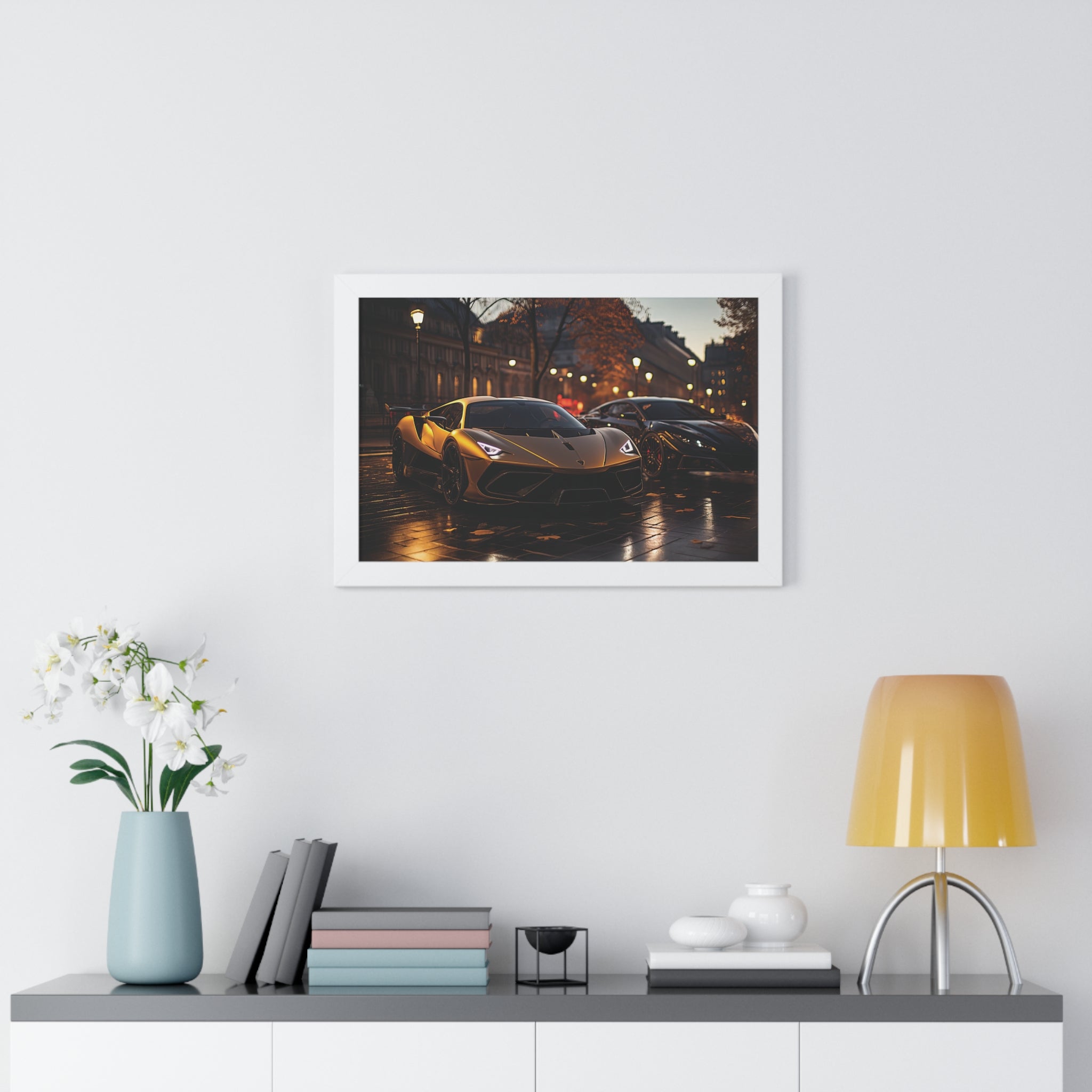Modified Lamborghini Gold Print - A wet City Street at Night with illuminated Street Lamps