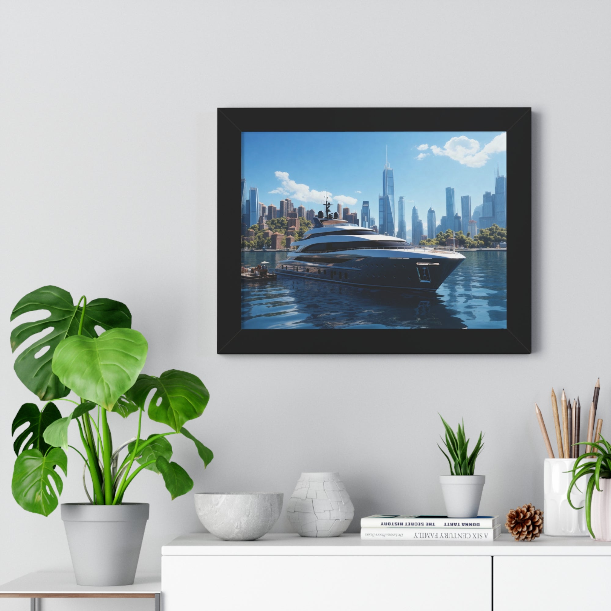 Luxury Waterfront Serenity – Framed Yacht & Skyline Wall Decor