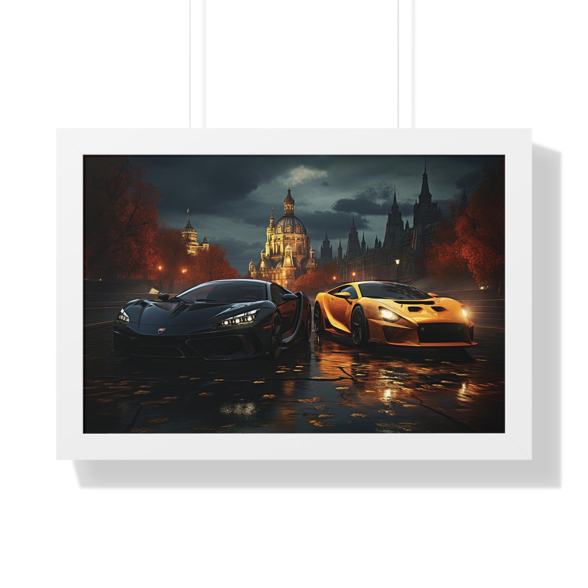 Two Lamborghinis set outside a illuminated Grand Building under a Cloudy Sky