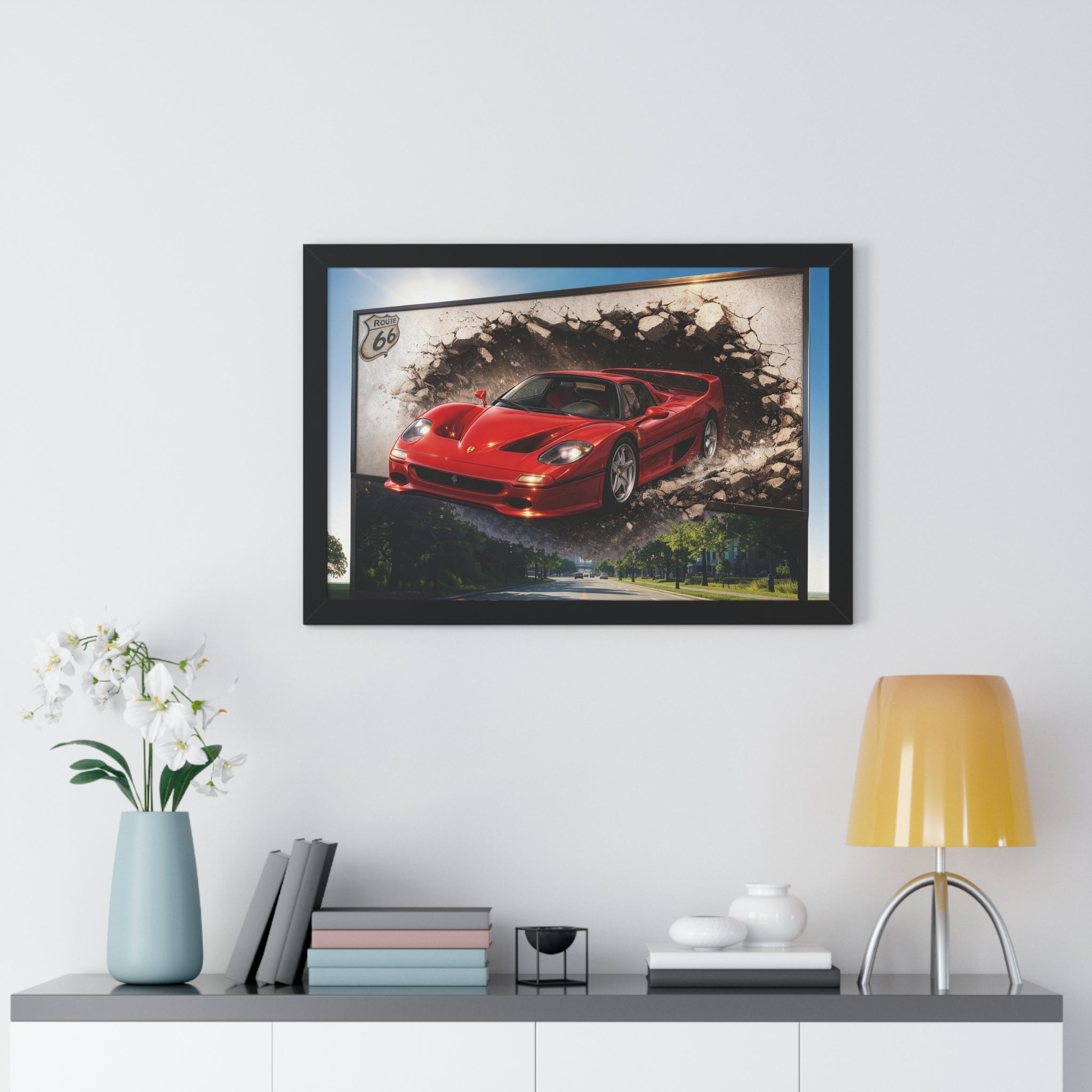 Ferrari F50 Breaking Through Wall – 4K Supercar Canvas
