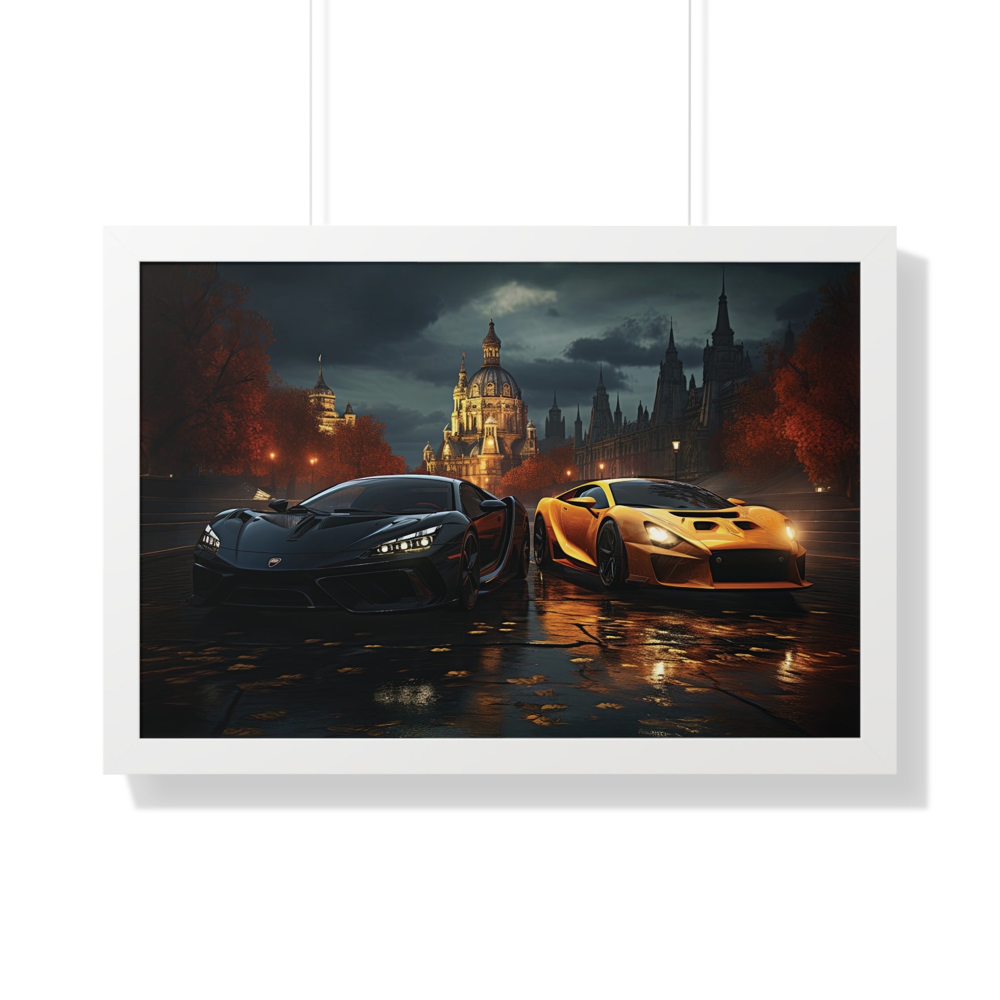 Two Lamborghinis set outside a illuminated Grand Building under a Cloudy Sky