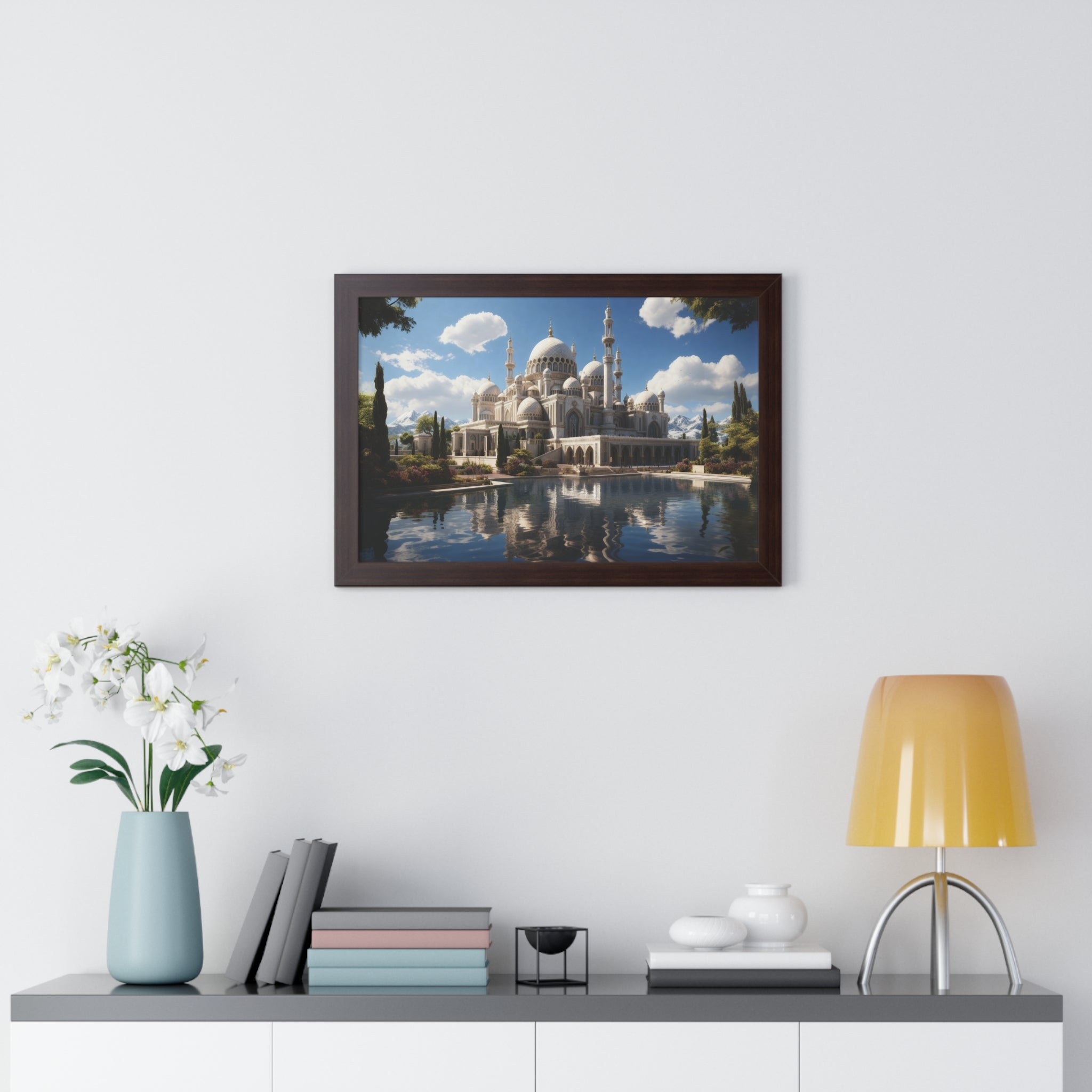 Reflections of Faith – Framed Islamic Mosque Wall Art with Scenic Lake & Mountain Backdrop