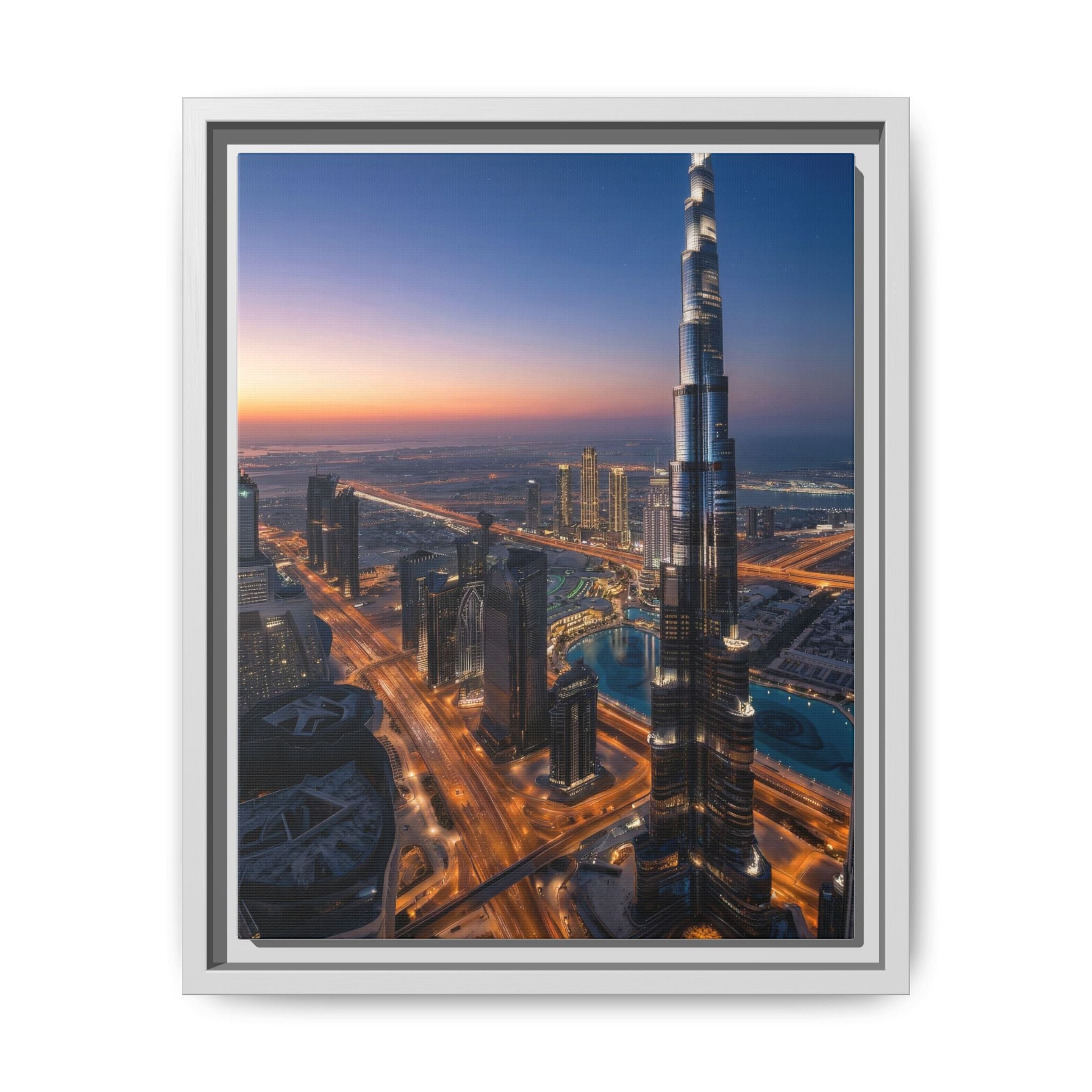 Framed Dubai Skyline at Dusk – Stunning Cityscape Wall Art