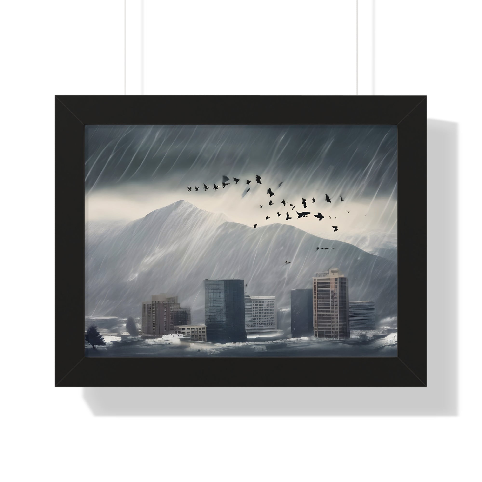 Urban Downpour with Birds in Flight – Futuristic Wall Print